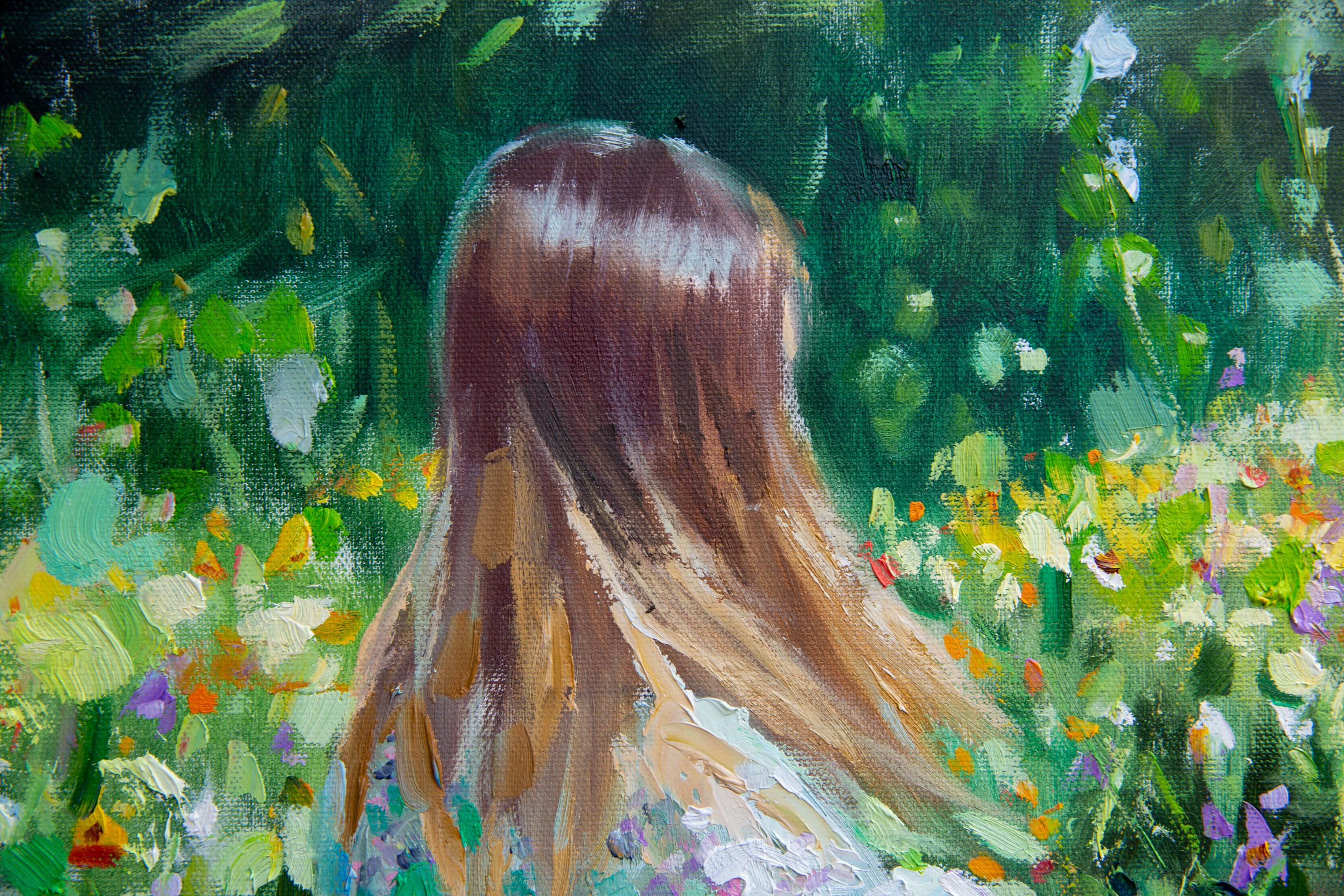 Little Flower. Horizontal, figurative, girl, flowers, beauty - Gray Figurative Painting by Anna Shesterikova