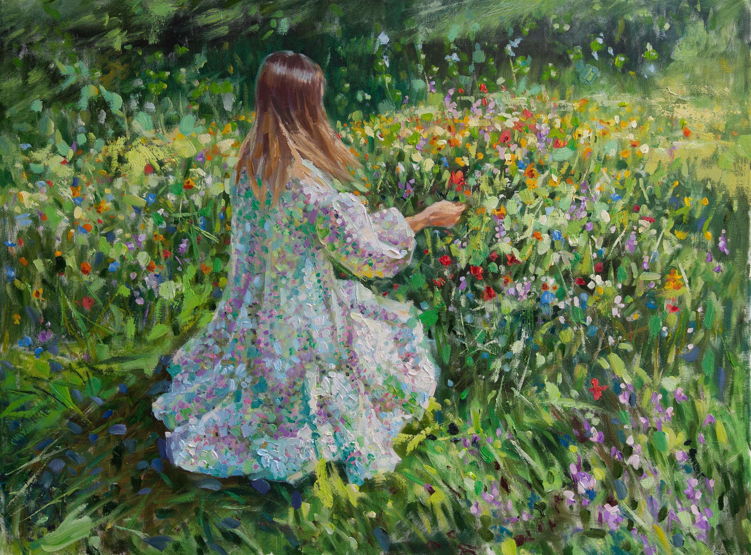 Anna Shesterikova Figurative Painting - Little Flower. Horizontal, figurative, girl, flowers, beauty