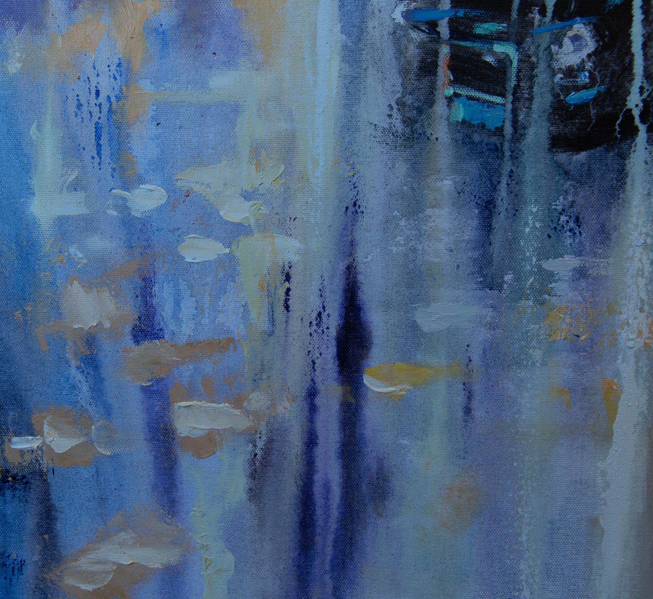 London Dream. Square, blue, taxi, London, rain, city, semi-abstract For Sale 6