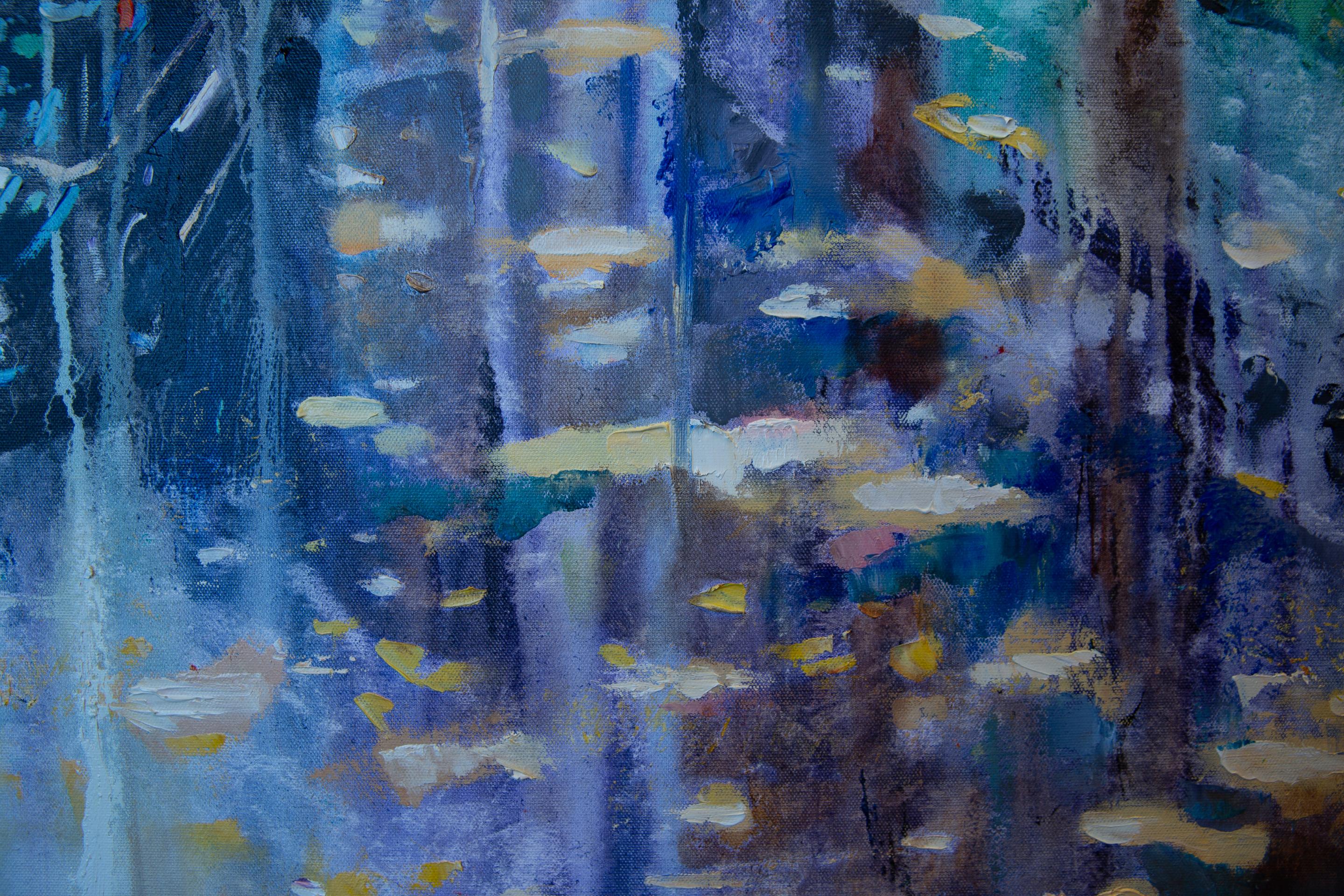 London Dream. Square, blue, taxi, London, rain, city, semi-abstract For Sale 7