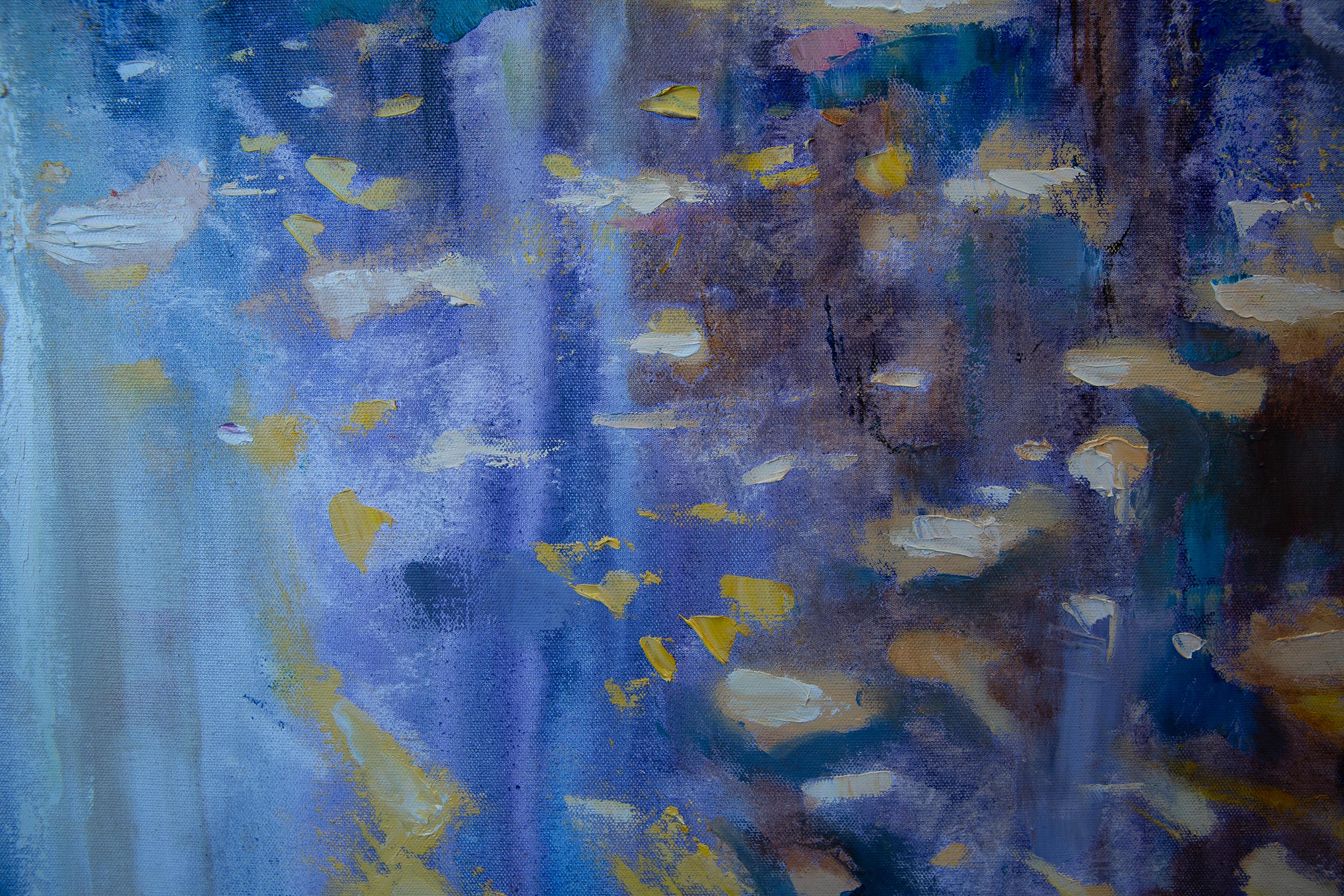 London Dream. Square, blue, taxi, London, rain, city, semi-abstract For Sale 8
