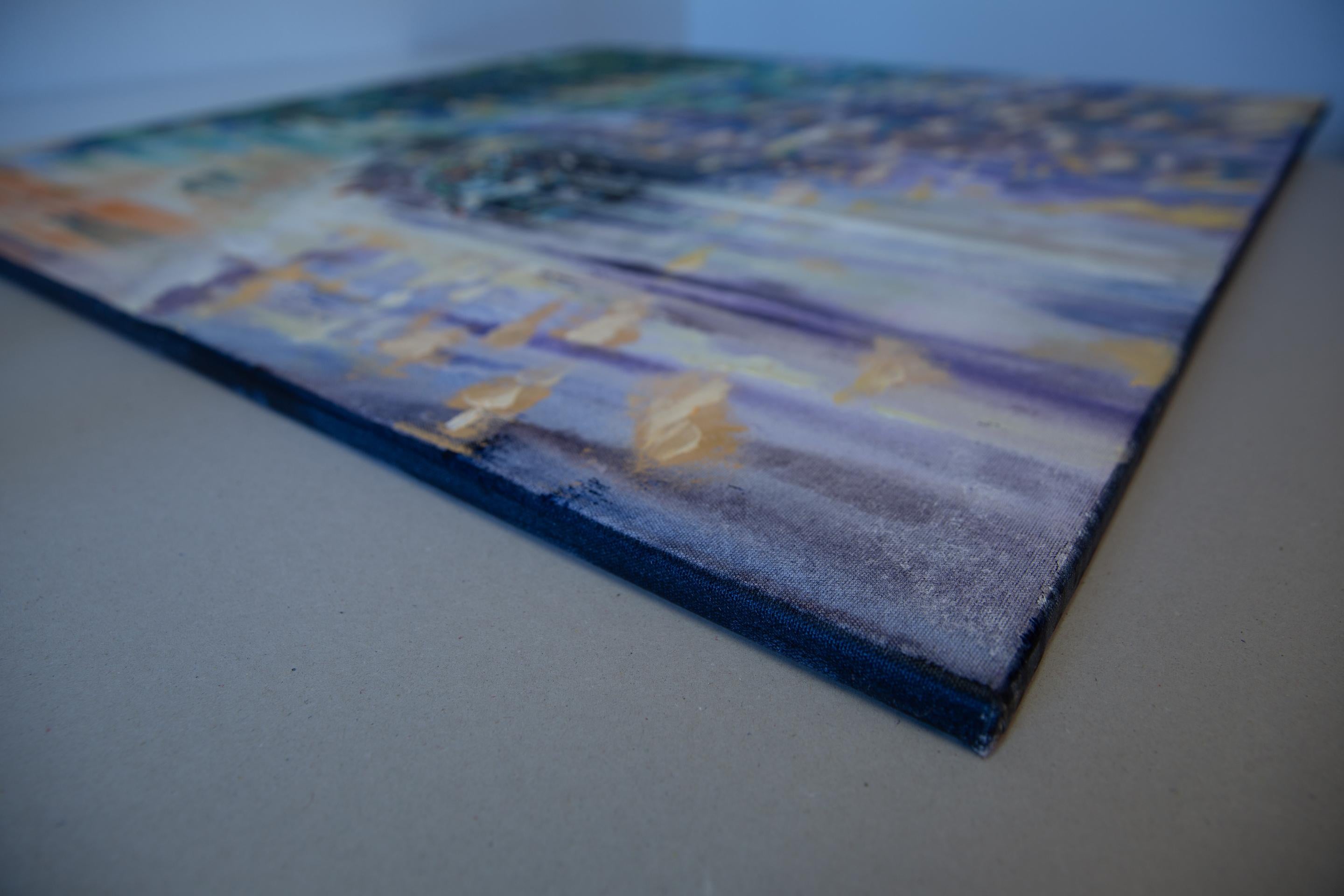 London Dream. Square, blue, taxi, London, rain, city, semi-abstract - Painting by Anna Shesterikova
