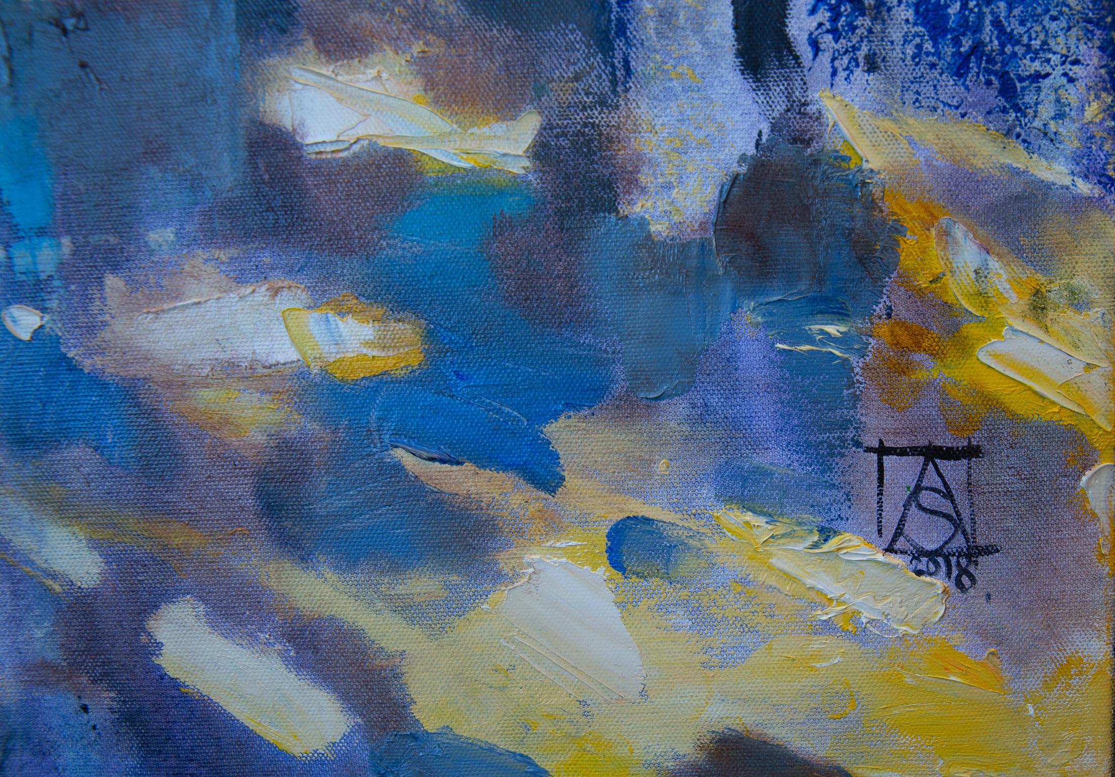 London Dream. Square, blue, taxi, London, rain, city, semi-abstract - Abstract Expressionist Painting by Anna Shesterikova