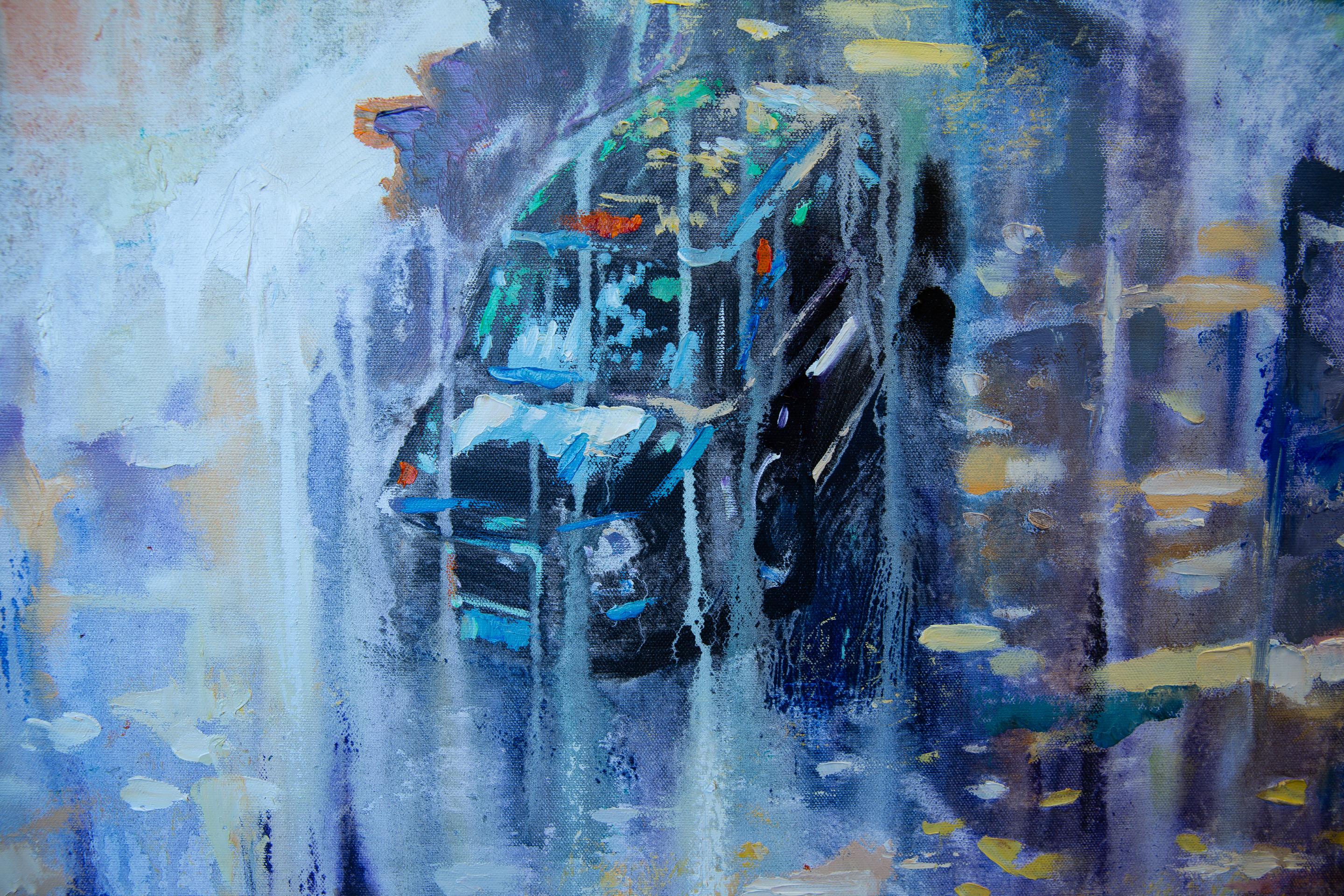 London Dream. Square, blue, taxi, London, rain, city, semi-abstract - Blue Abstract Painting by Anna Shesterikova