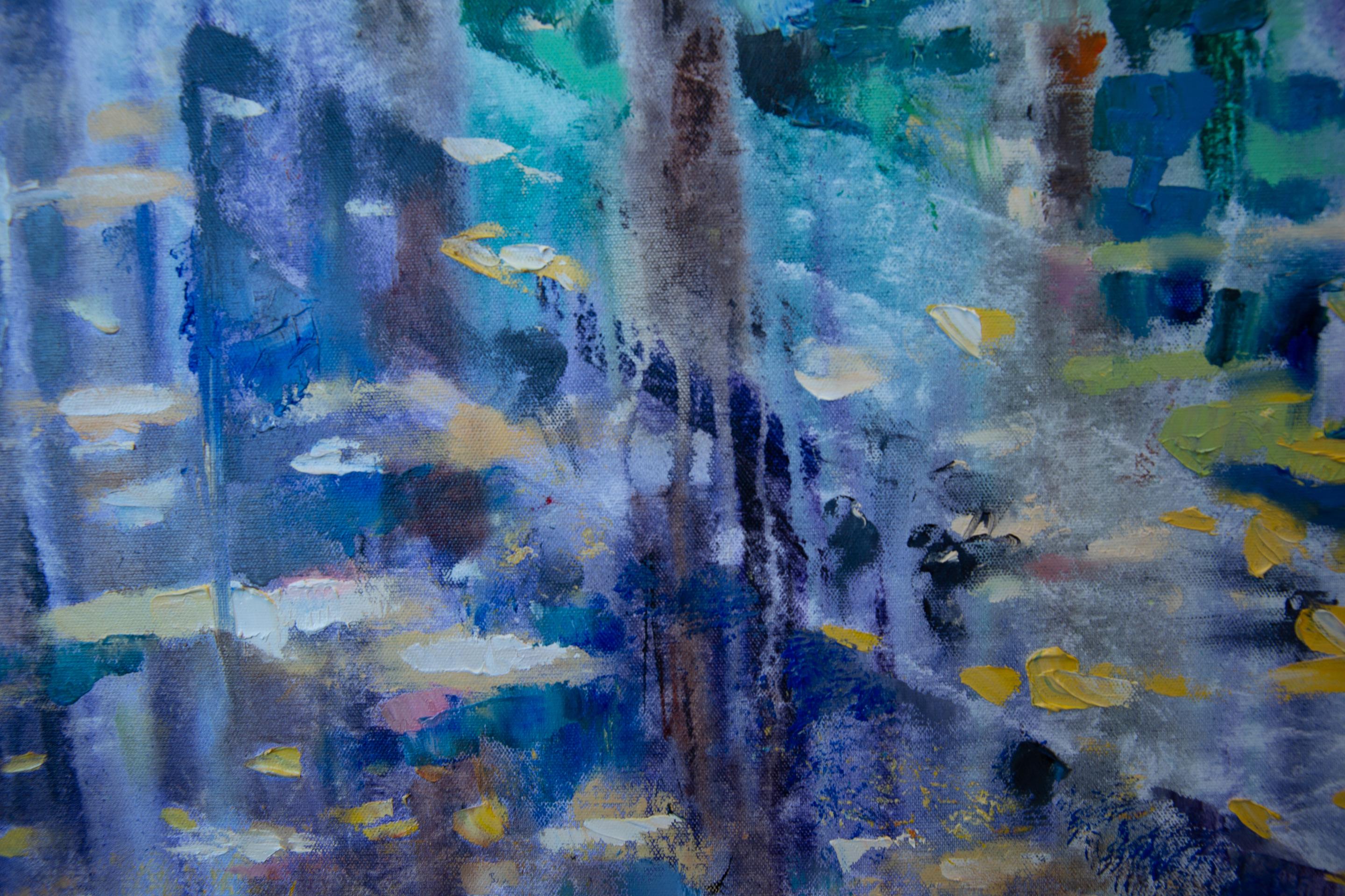 London Dream. Square, blue, taxi, London, rain, city, semi-abstract For Sale 4