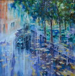 Sueño londinense. Plaza, azul, taxi, Londres, lluvia, ciudad, semiabstracto