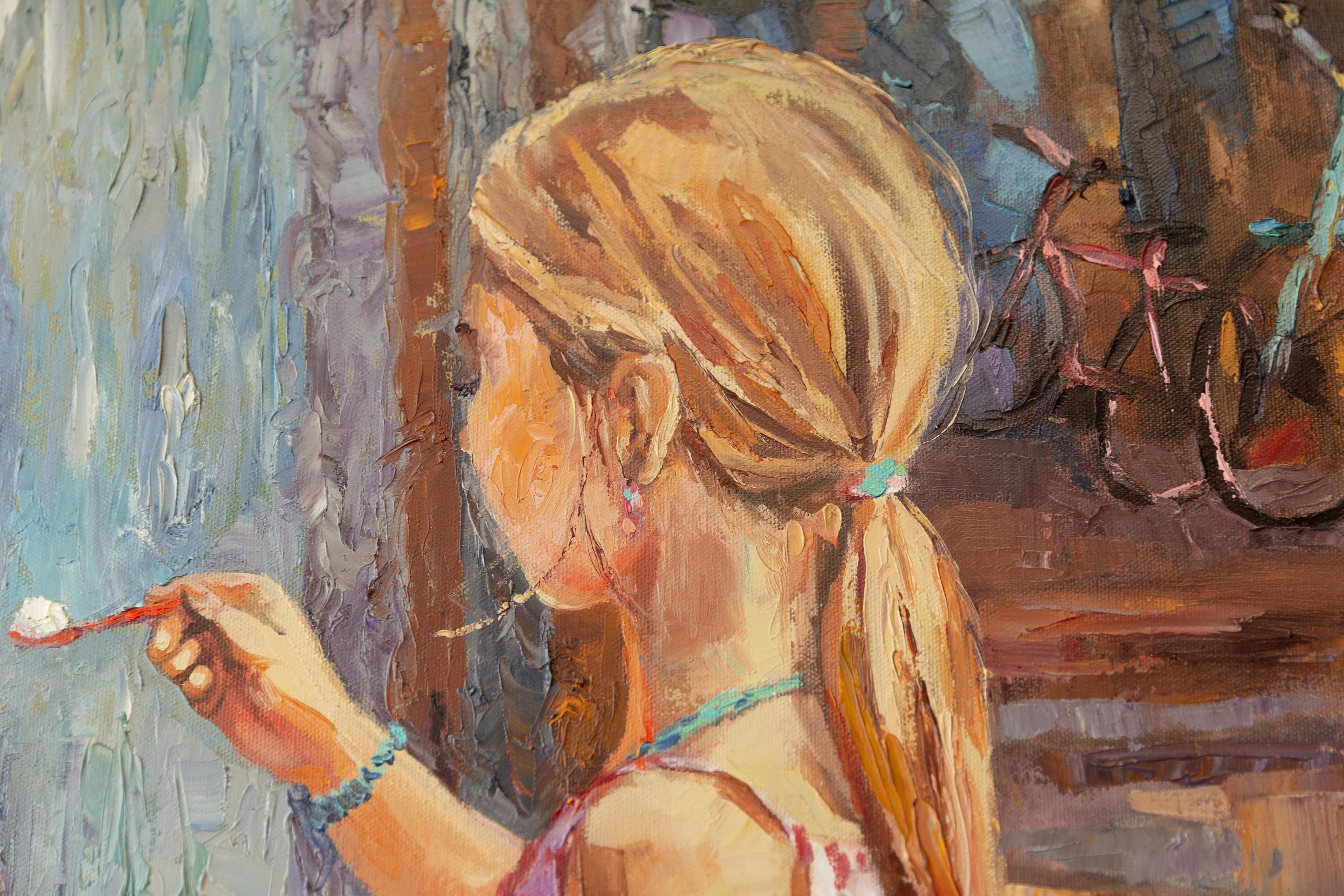 Madonna con il gelato. Square, figurative, children, mother, flowers, Italy For Sale 5