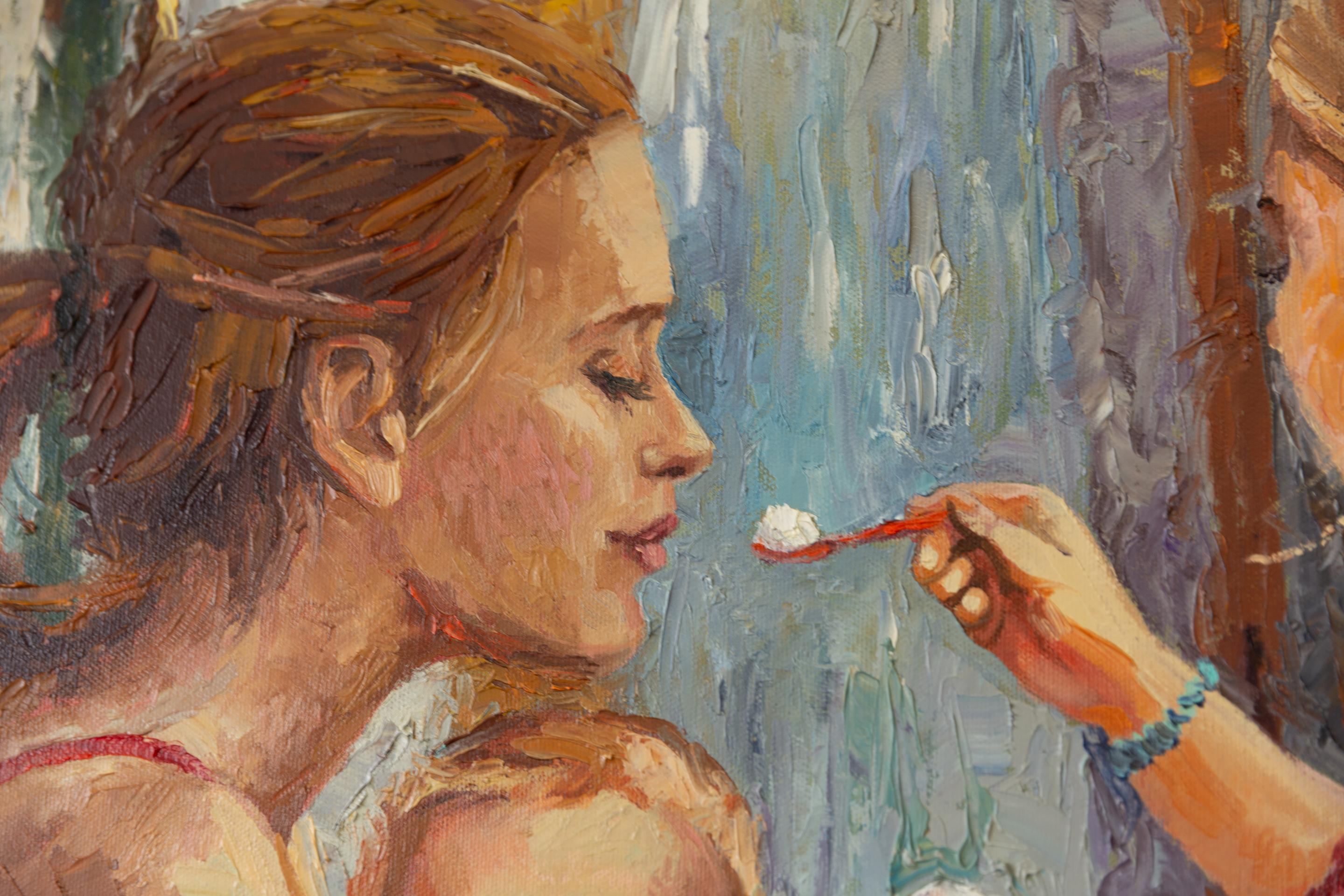 Madonna con il gelato. Square, figurative, children, mother, flowers, Italy For Sale 7