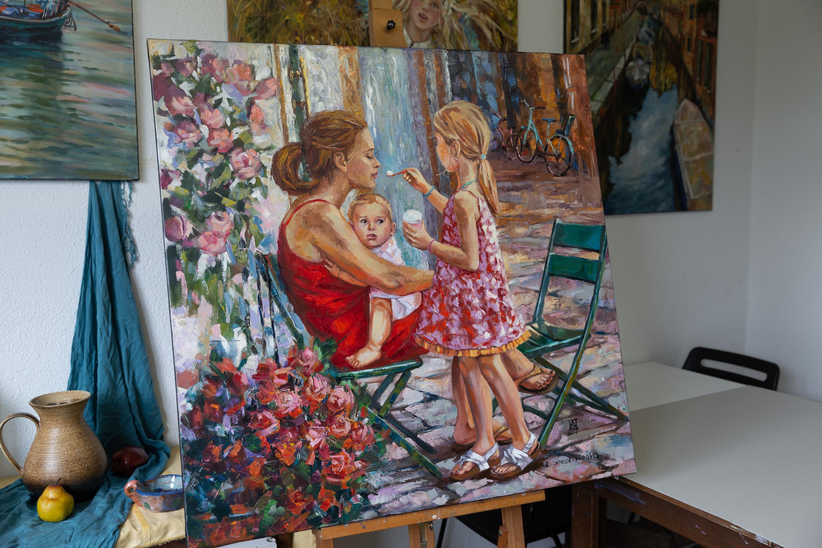 Madonna con il gelato. Square, figurative, children, mother, flowers, Italy - Post-Impressionist Painting by Anna Shesterikova