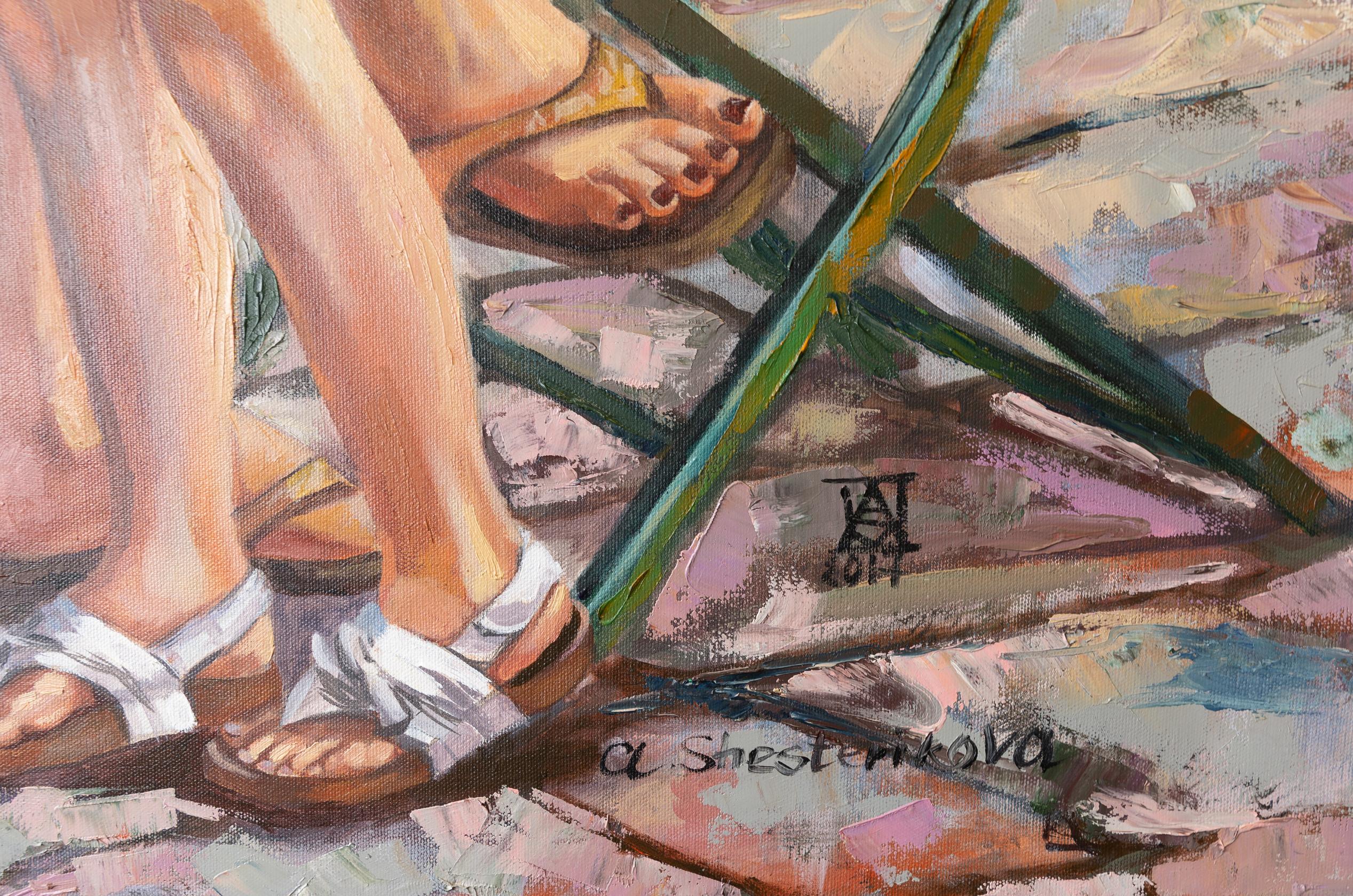 Madonna con il gelato. Square, figurative, children, mother, flowers, Italy - Brown Figurative Painting by Anna Shesterikova