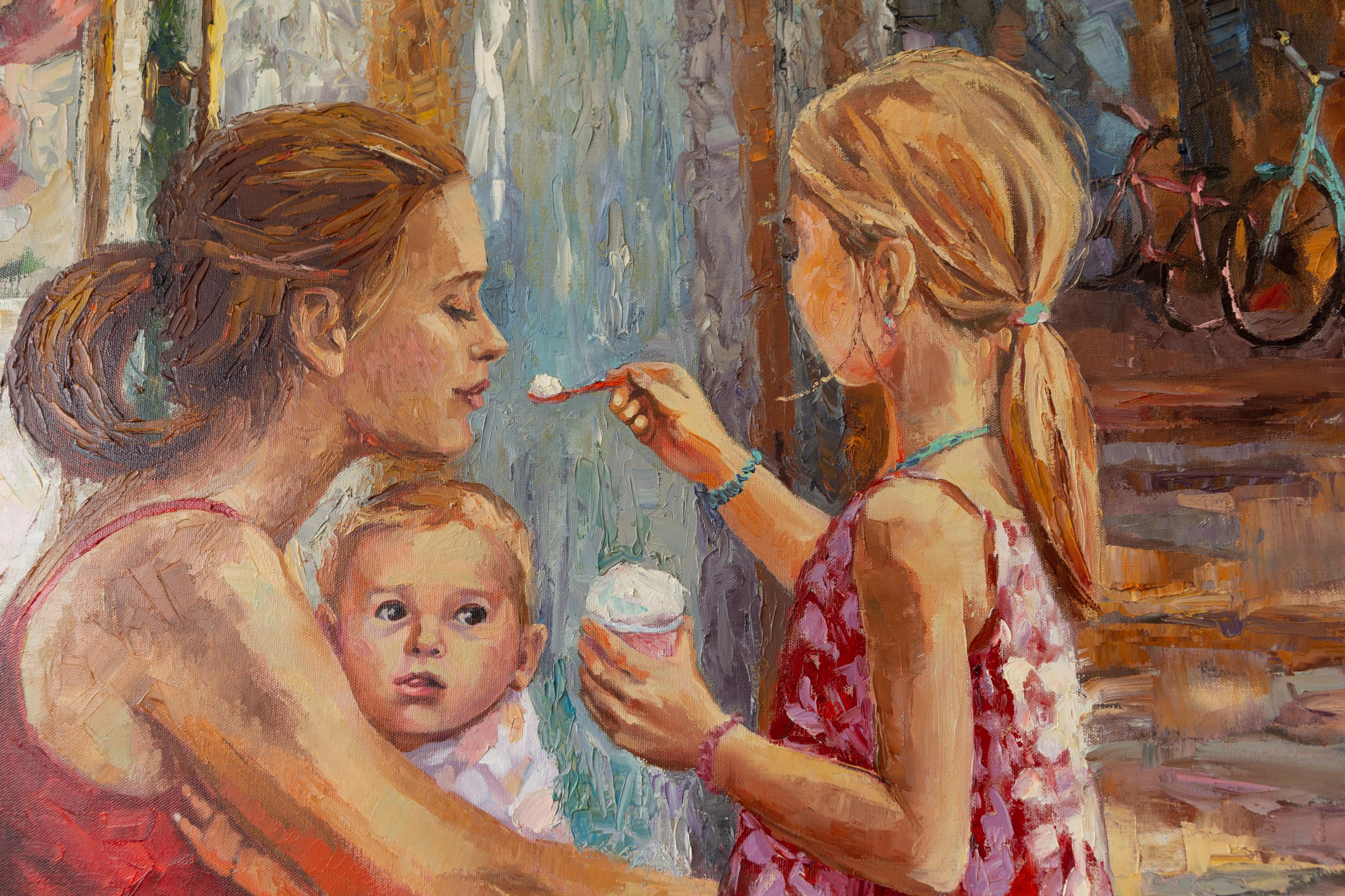 Madonna con il gelato. Square, figurative, children, mother, flowers, Italy For Sale 3