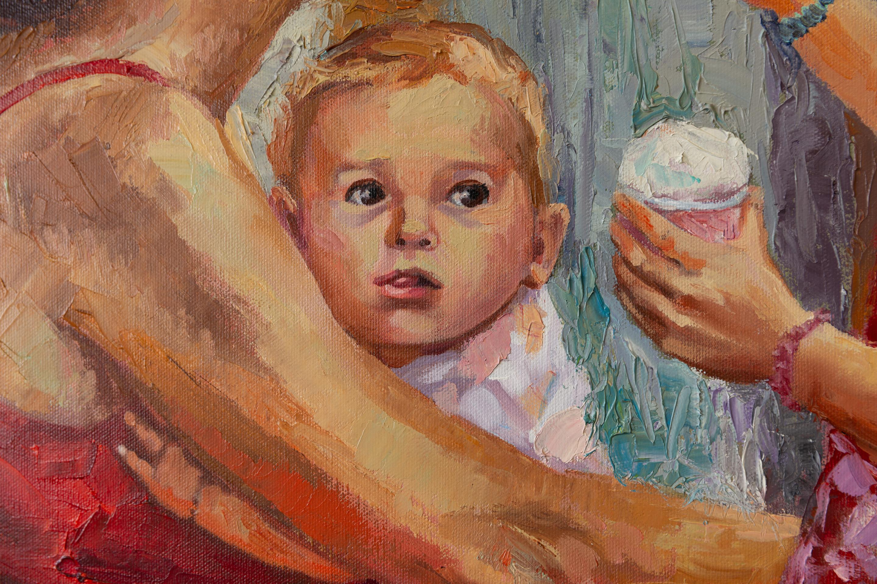 Madonna con il gelato. Square, figurative, children, mother, flowers, Italy For Sale 4