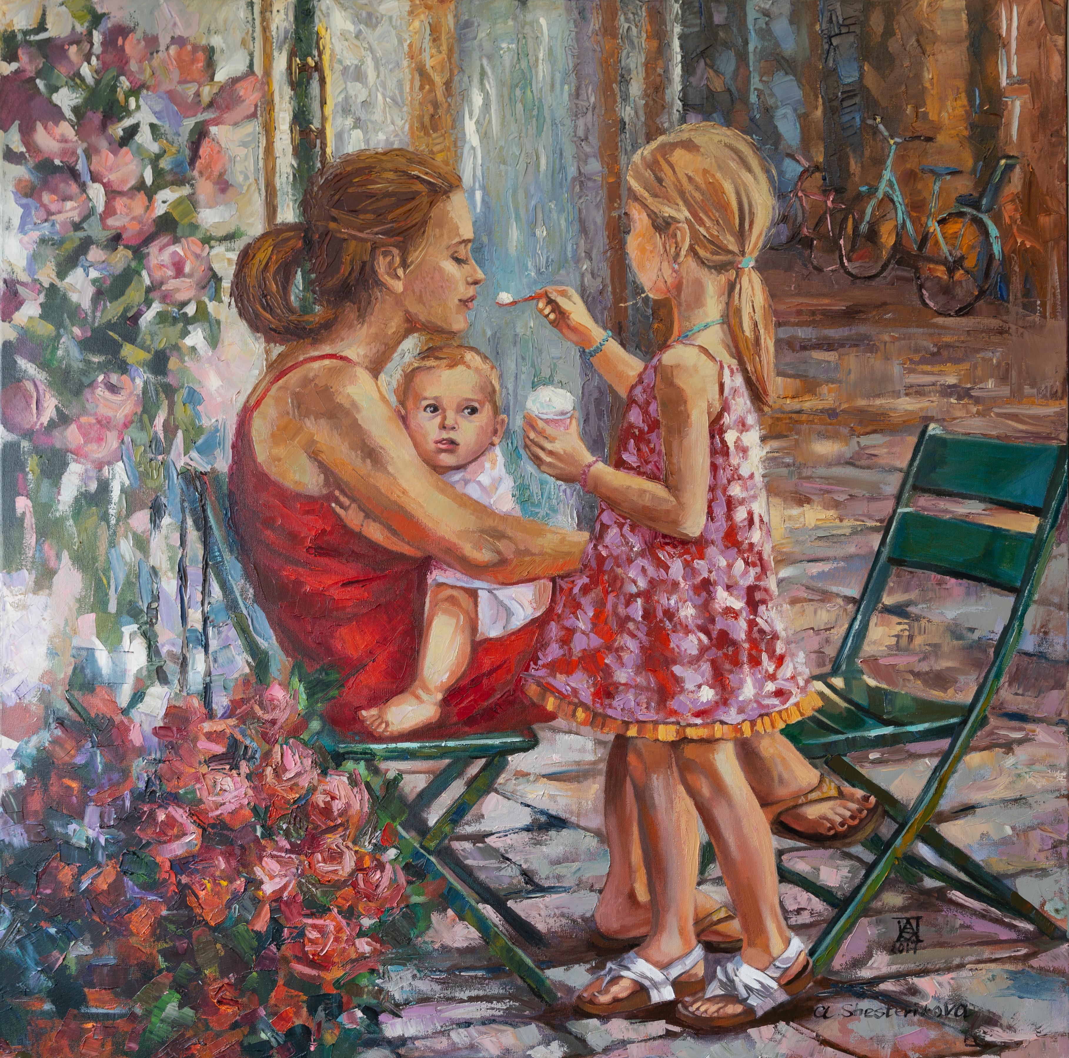 Anna Shesterikova Figurative Painting - Madonna con il gelato. Square, figurative, children, mother, flowers, Italy