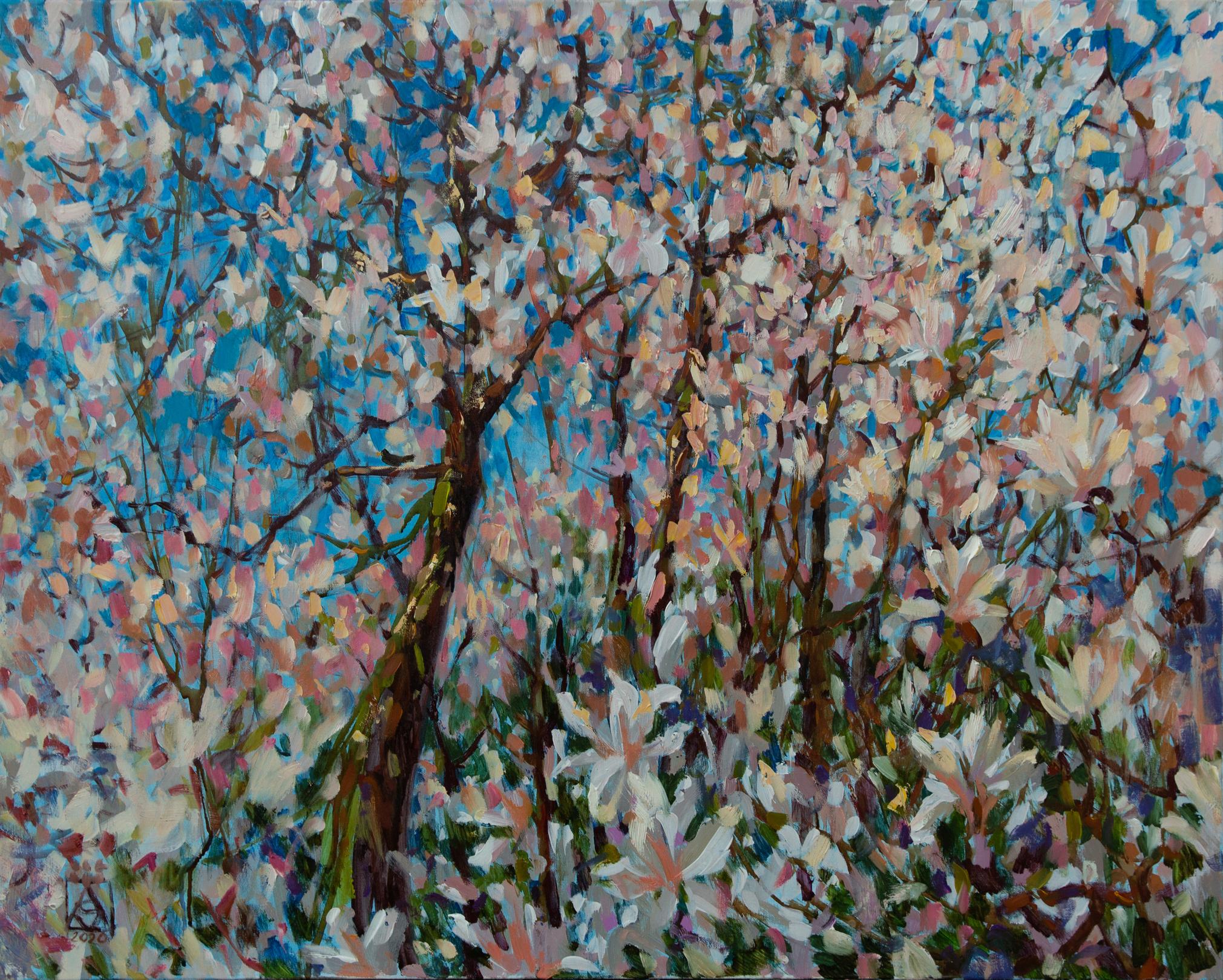 Anna Shesterikova Abstract Painting - Magnolia Blossom. Impressionism, flowers, large, horizontal, acrylic