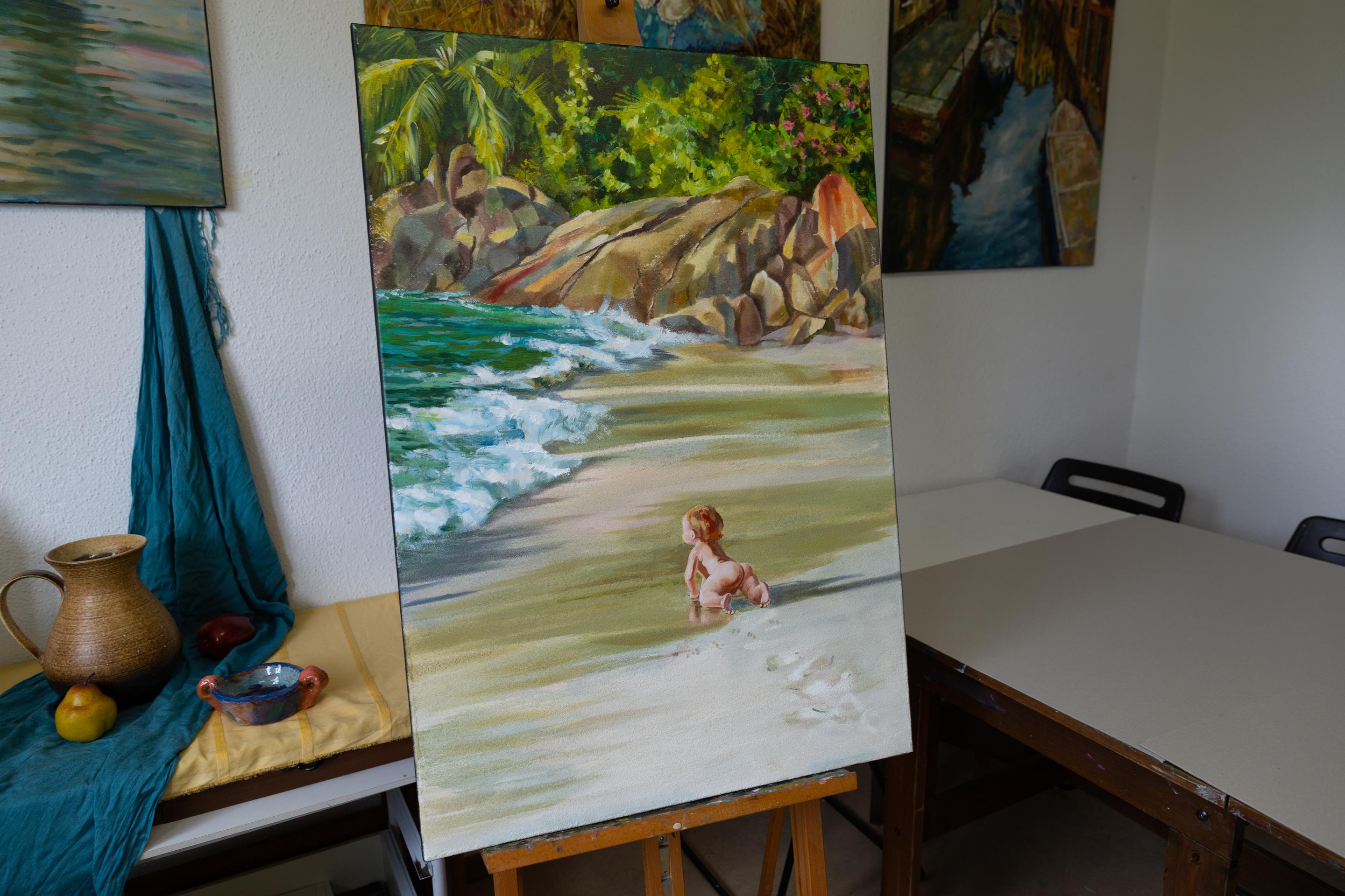 Incontrare l'oceano. Bambino, mare, spiaggia, acrilico, verticale, grande formato - Painting Postimpressionismo di Anna Shesterikova