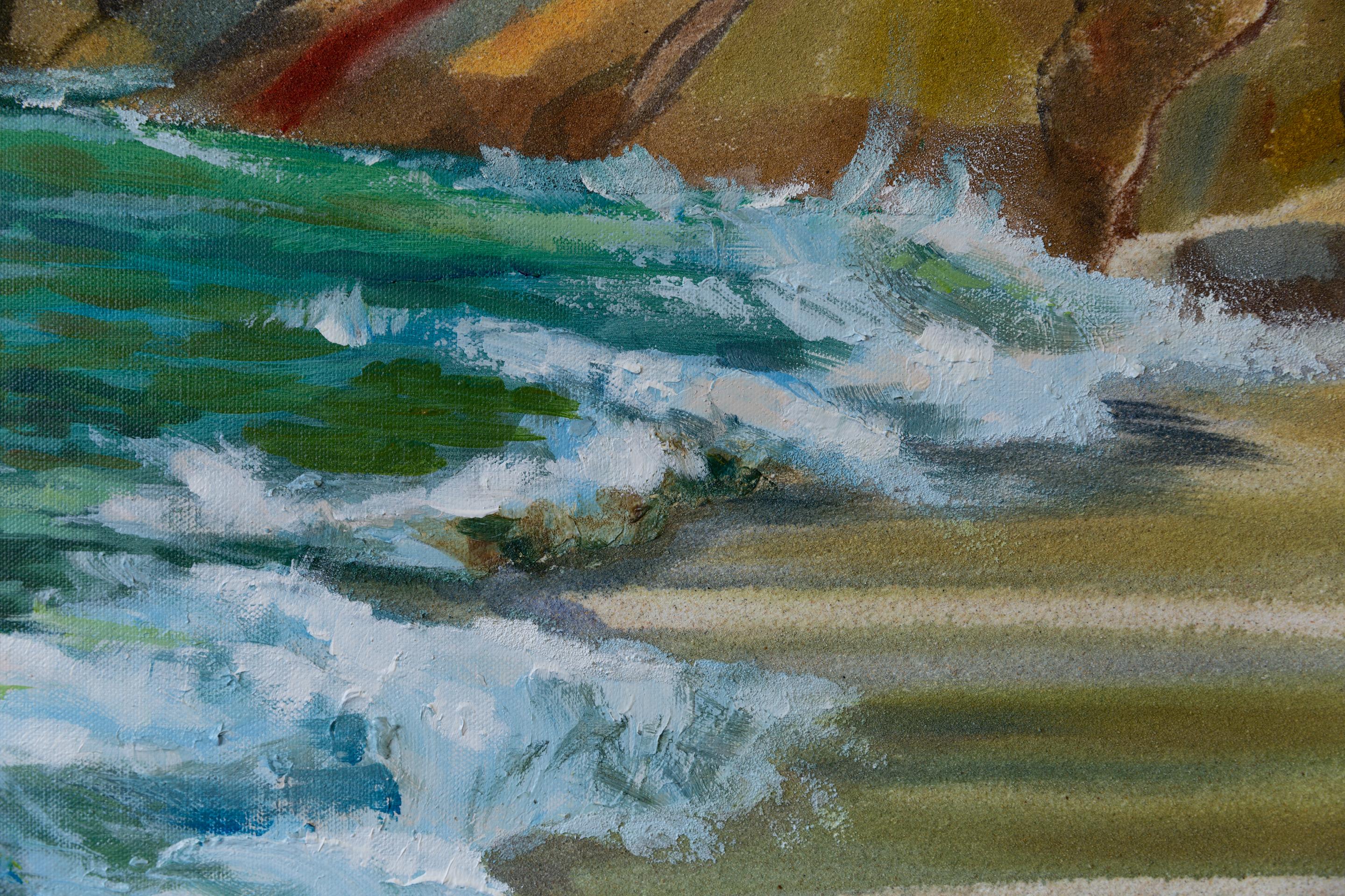 Incontrare l'oceano. Bambino, mare, spiaggia, acrilico, verticale, grande formato in vendita 1