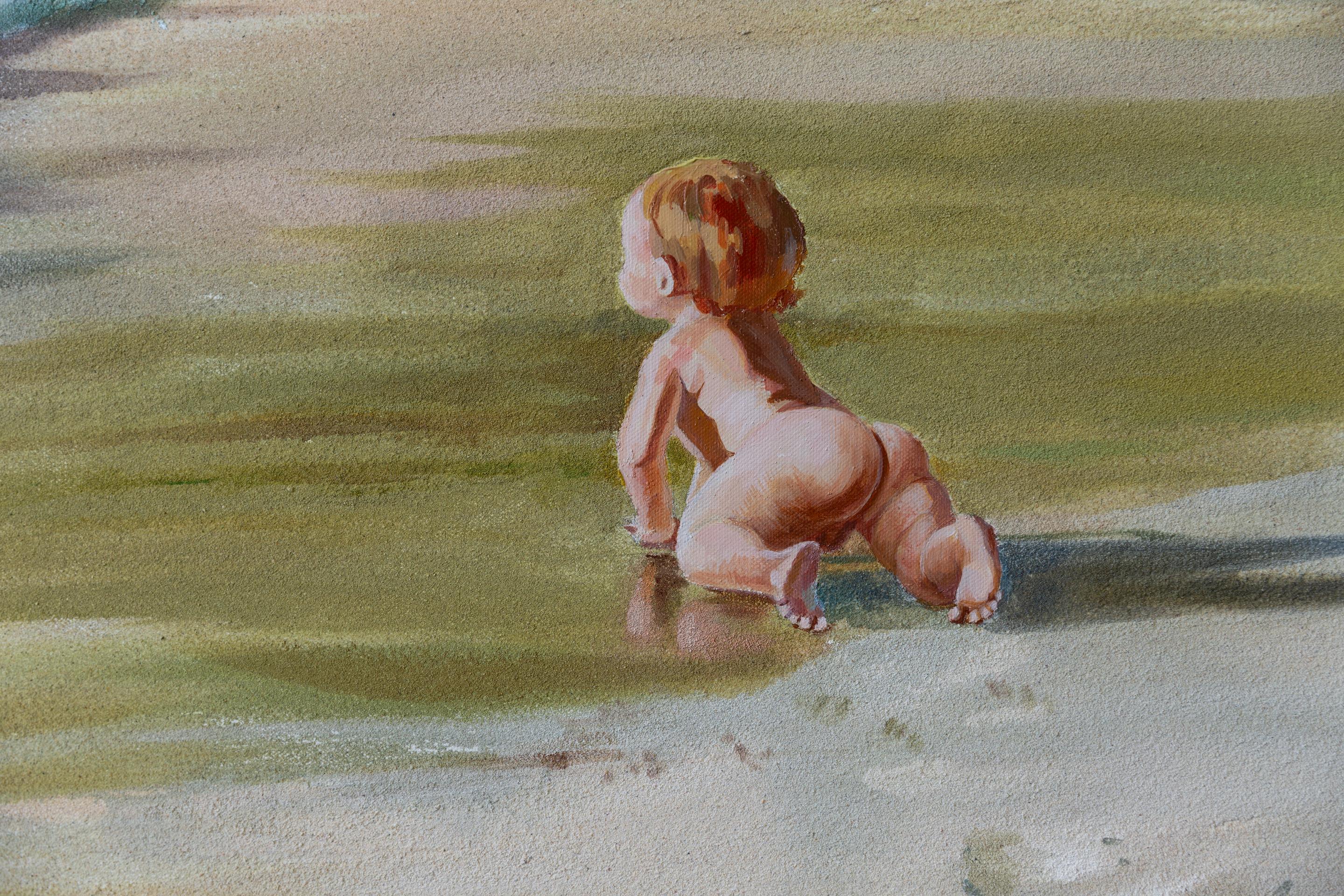 Incontrare l'oceano. Bambino, mare, spiaggia, acrilico, verticale, grande formato in vendita 2