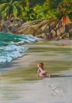 Meeting the Ocean. Child, sea, beach, acrylic, vertical, large format