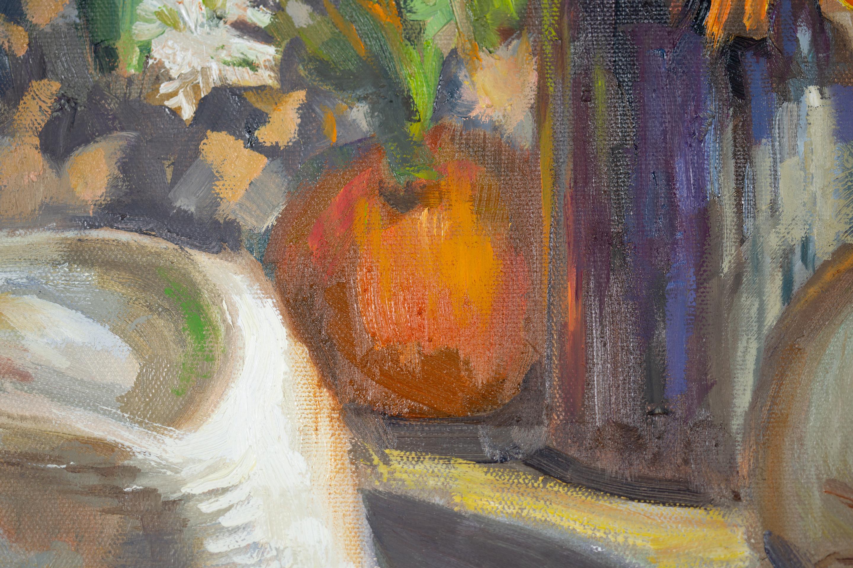 Memories Of Summer. Horizontal oil painting, still life, flowers, shell, hat For Sale 5