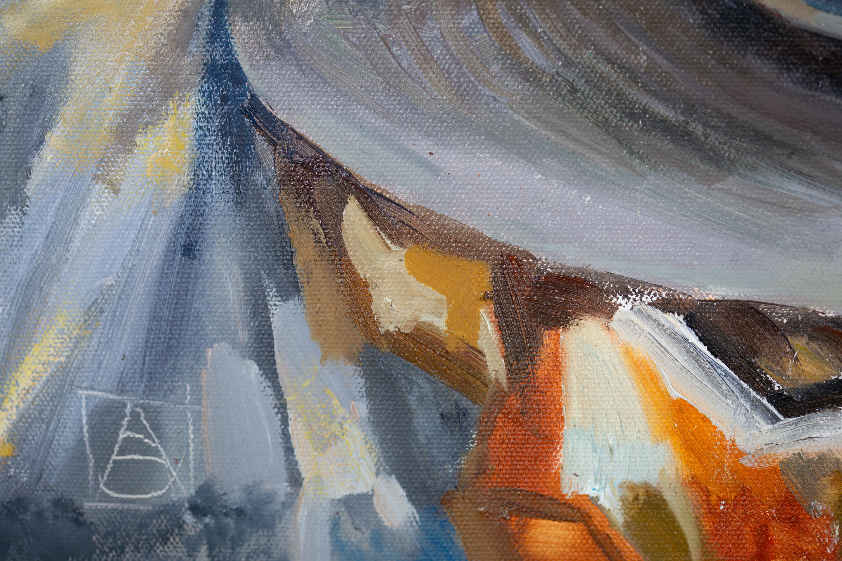 Memories Of Summer. Horizontal oil painting, still life, flowers, shell, hat - Gray Still-Life Painting by Anna Shesterikova