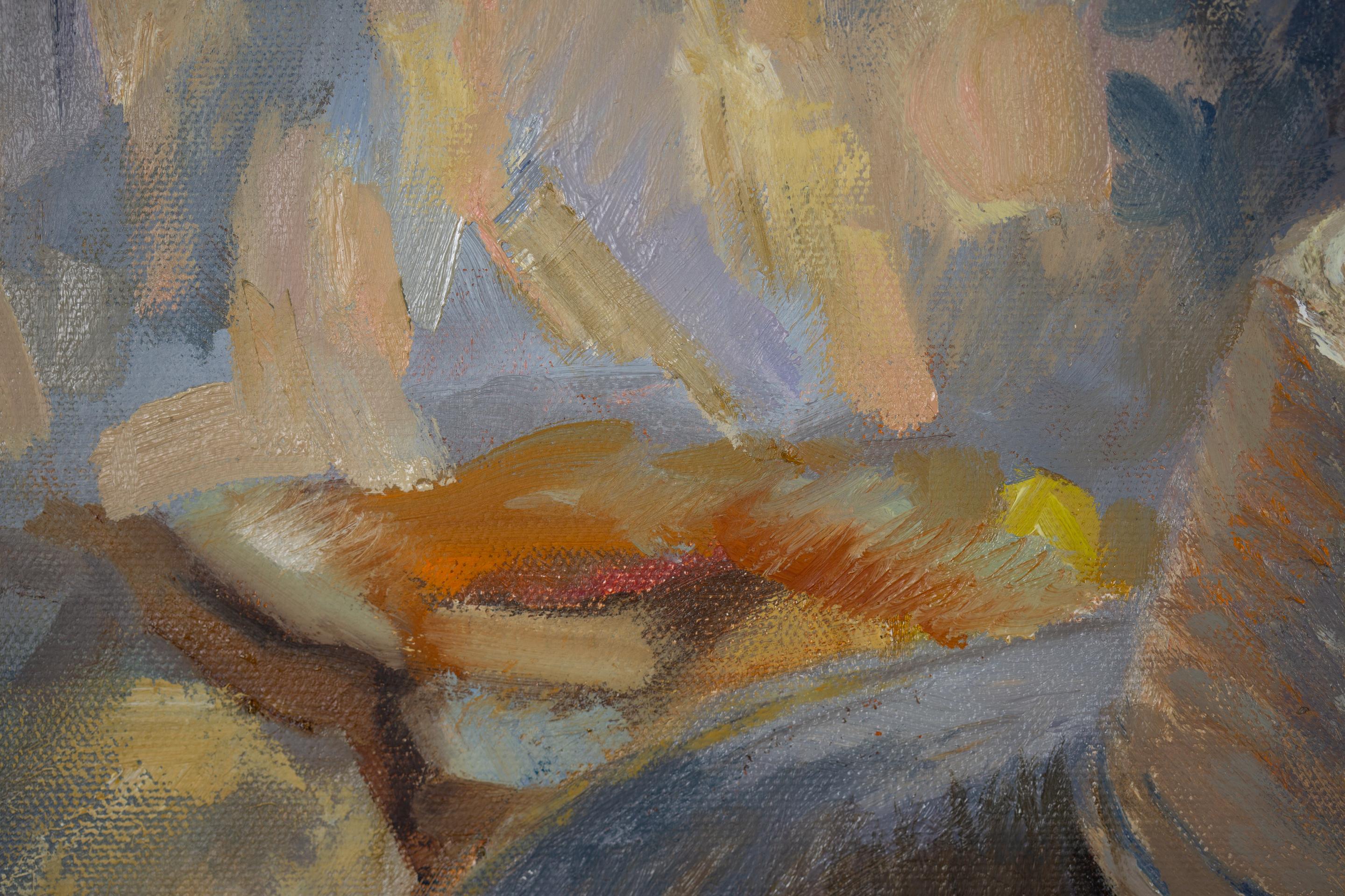 Memories Of Summer. Horizontal oil painting, still life, flowers, shell, hat For Sale 2