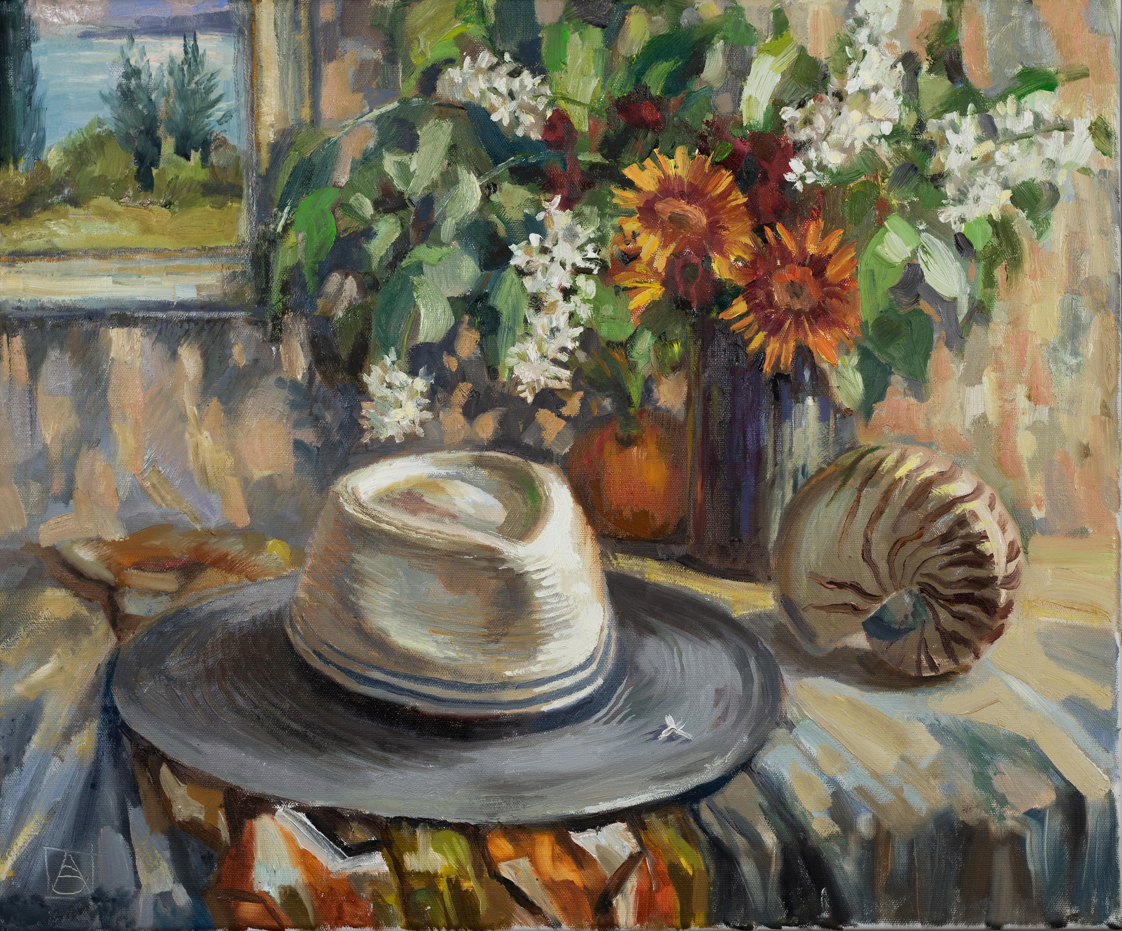 Memories Of Summer. Horizontal oil painting, still life, flowers, shell, hat