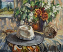 Memories Of Summer. Impressionism, oil painting, still life, flowers, shell, hat