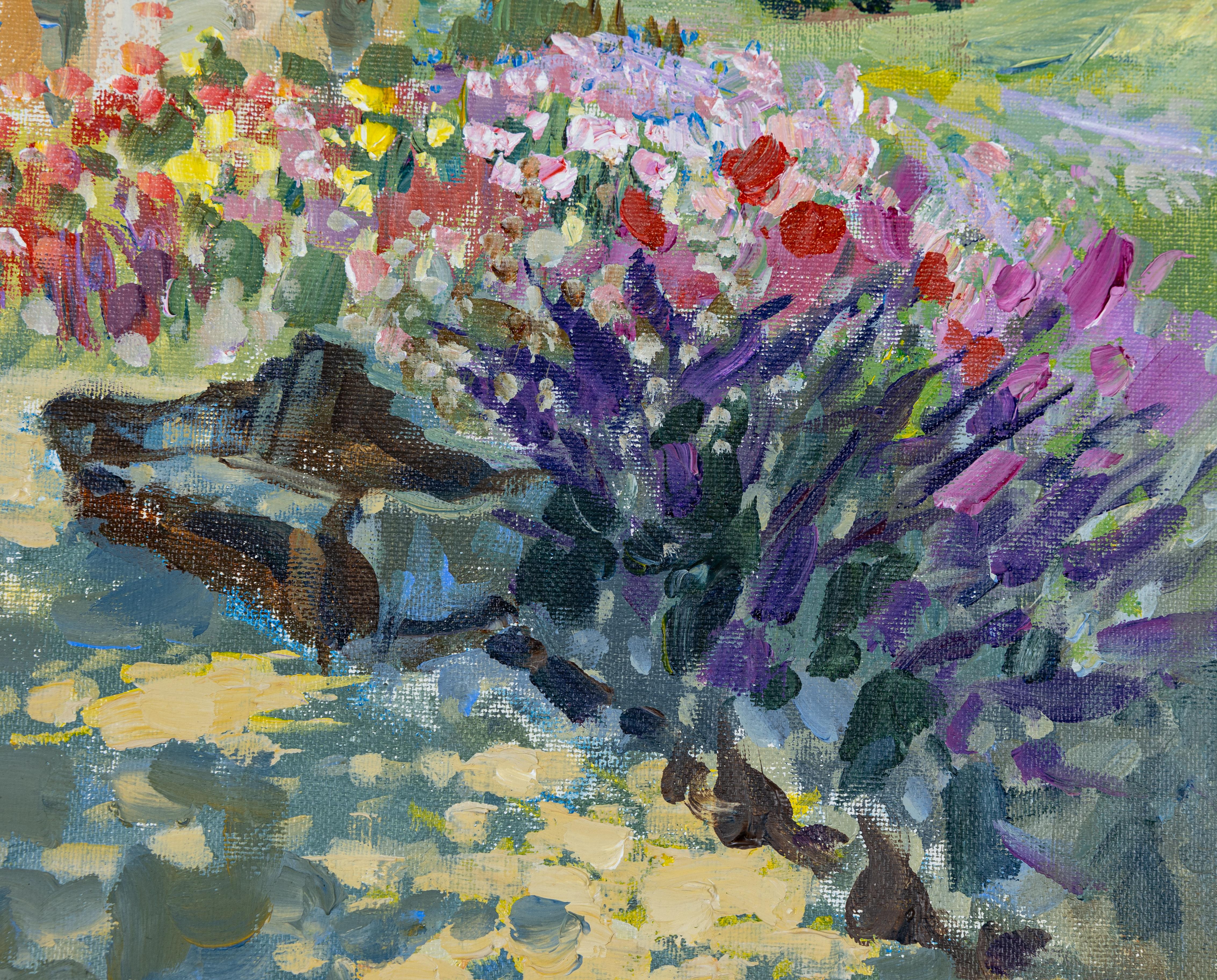 This painting was done in the Mission San Juan Capistrano, California in an impressionist style with acrylic on canvas on board.

Light, delicate shadows glide through the alley... On a hot afternoon, one just wants to sit on a stone bench. In front