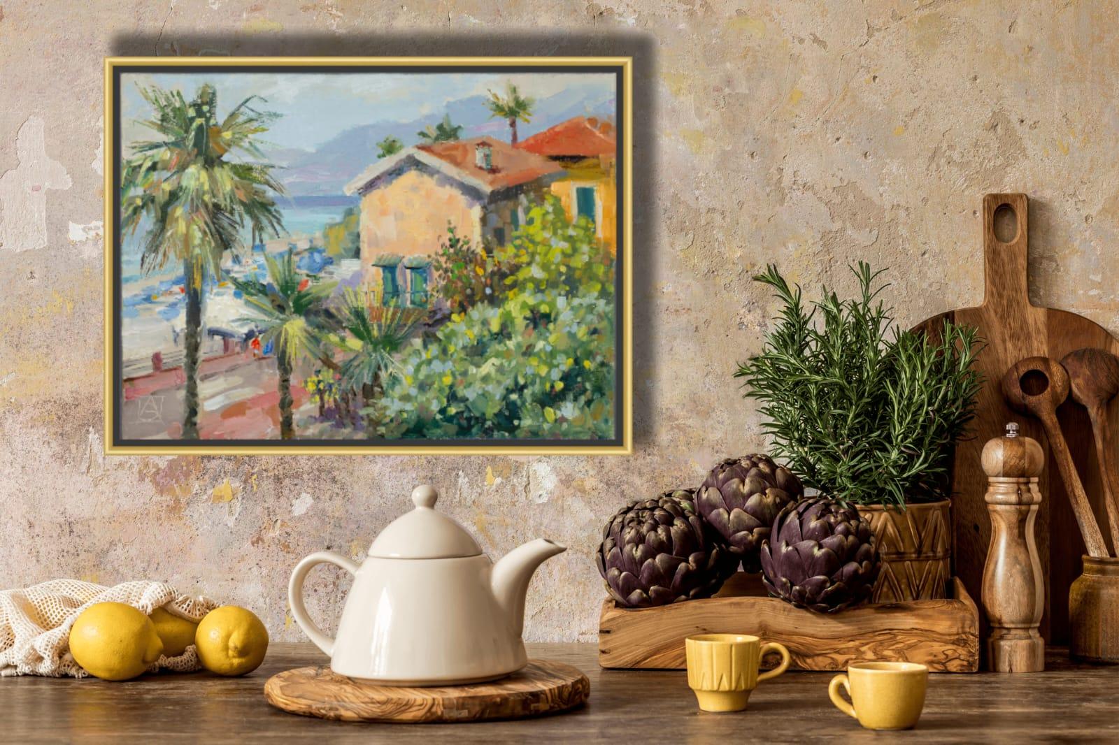 Morgen in Ventimiglia (Grau), Landscape Painting, von Anna Shesterikova