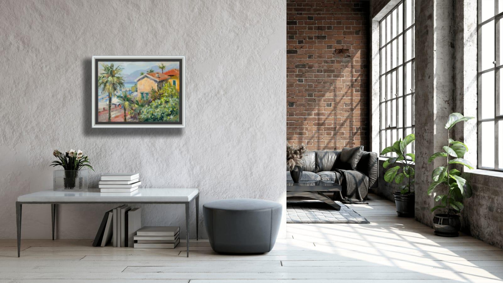 Dieses Gemälde wurde im Sommer 2025 vom Balkon der Wohnung aus gemalt, in der der Künstler während seiner Reise durch Italien wohnte. Die Landschaft ist durchdrungen von einer Atmosphäre der Leichtigkeit, der Frische und der Gelassenheit eines