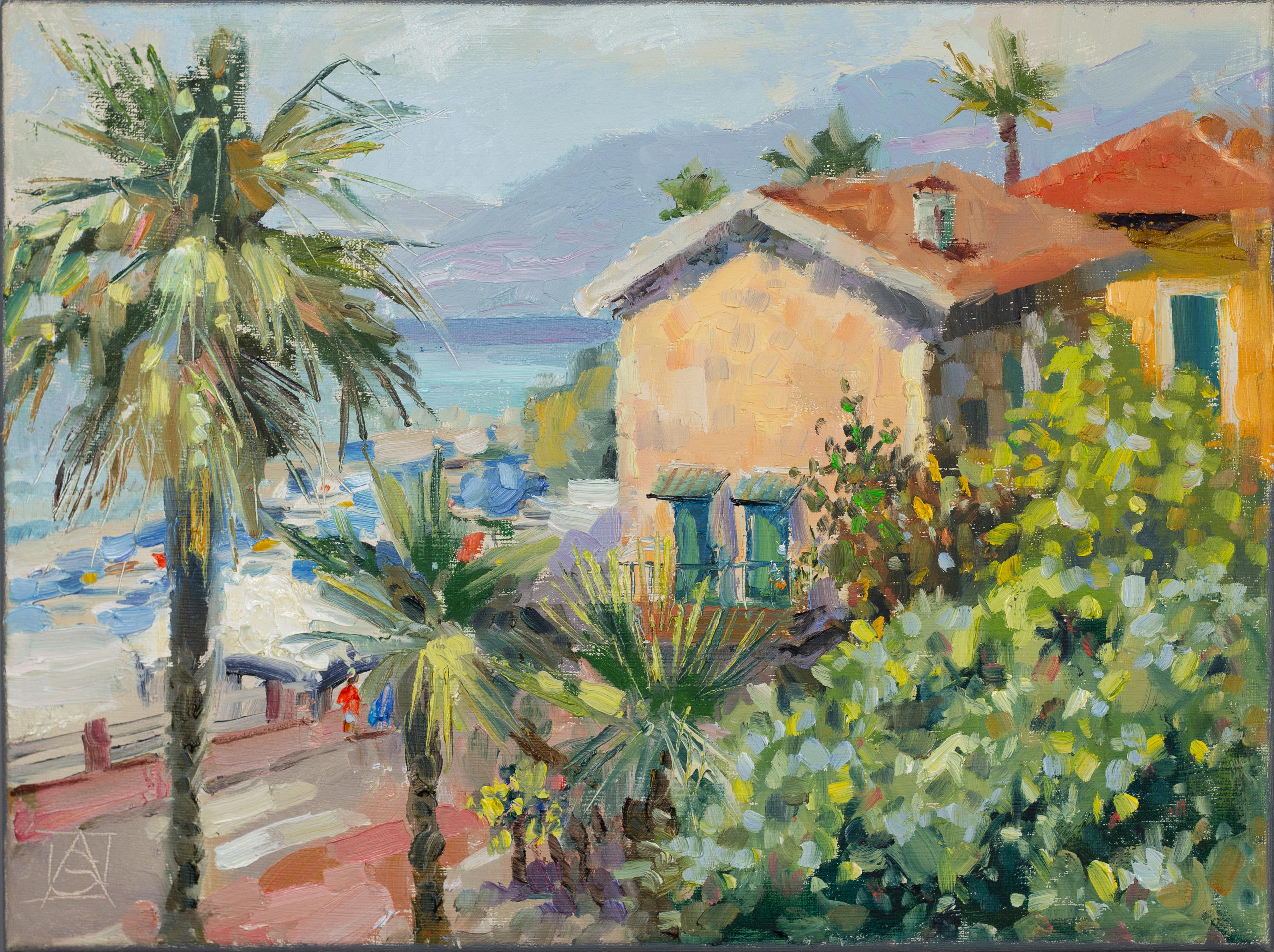 Anna Shesterikova Landscape Painting - Morning in Ventimiglia. Oil landscape Painting, Impressionism, Italy, sea