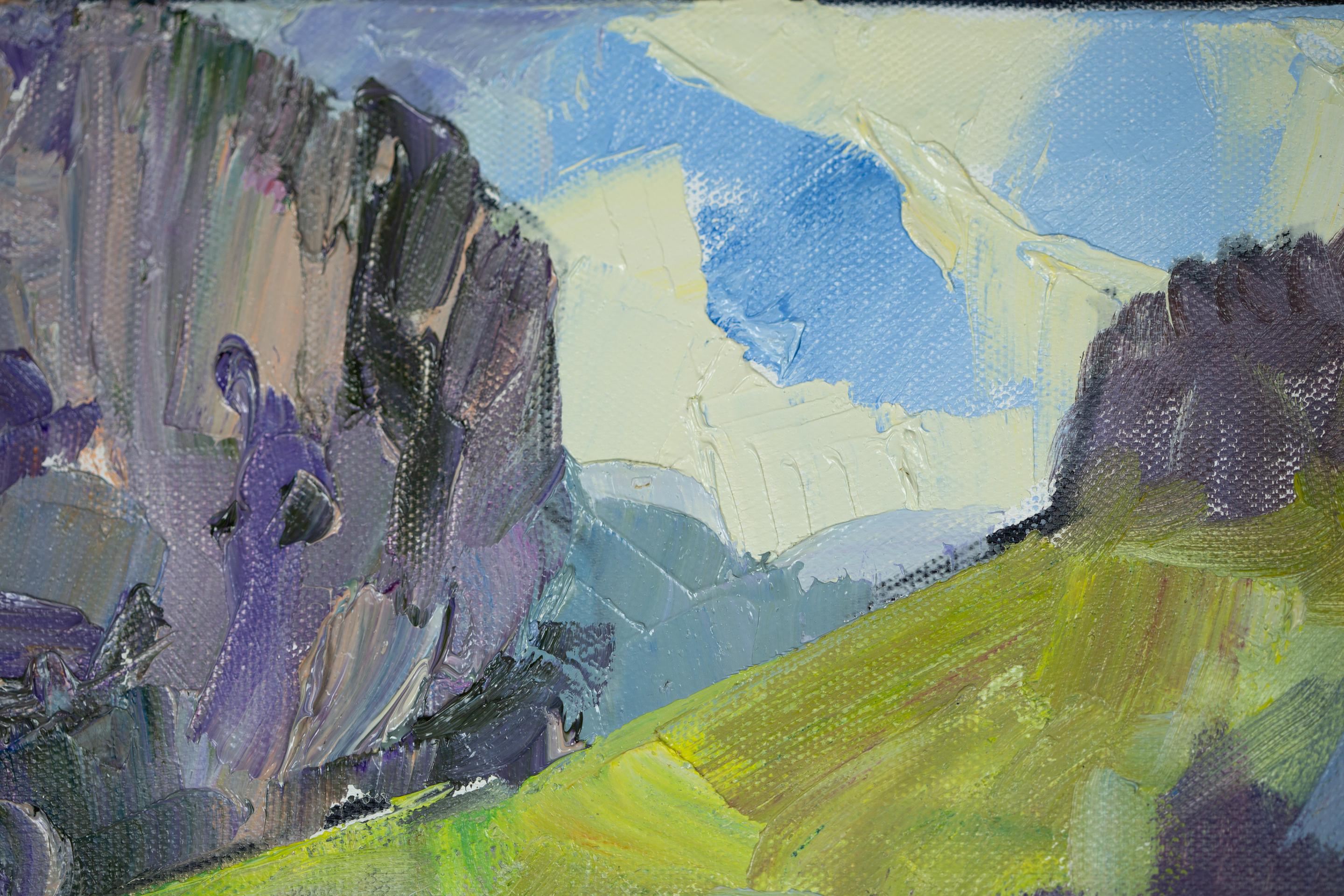 Village de montagne.  horizontal, impressionnisme, paysage, montagnes, village en vente 8