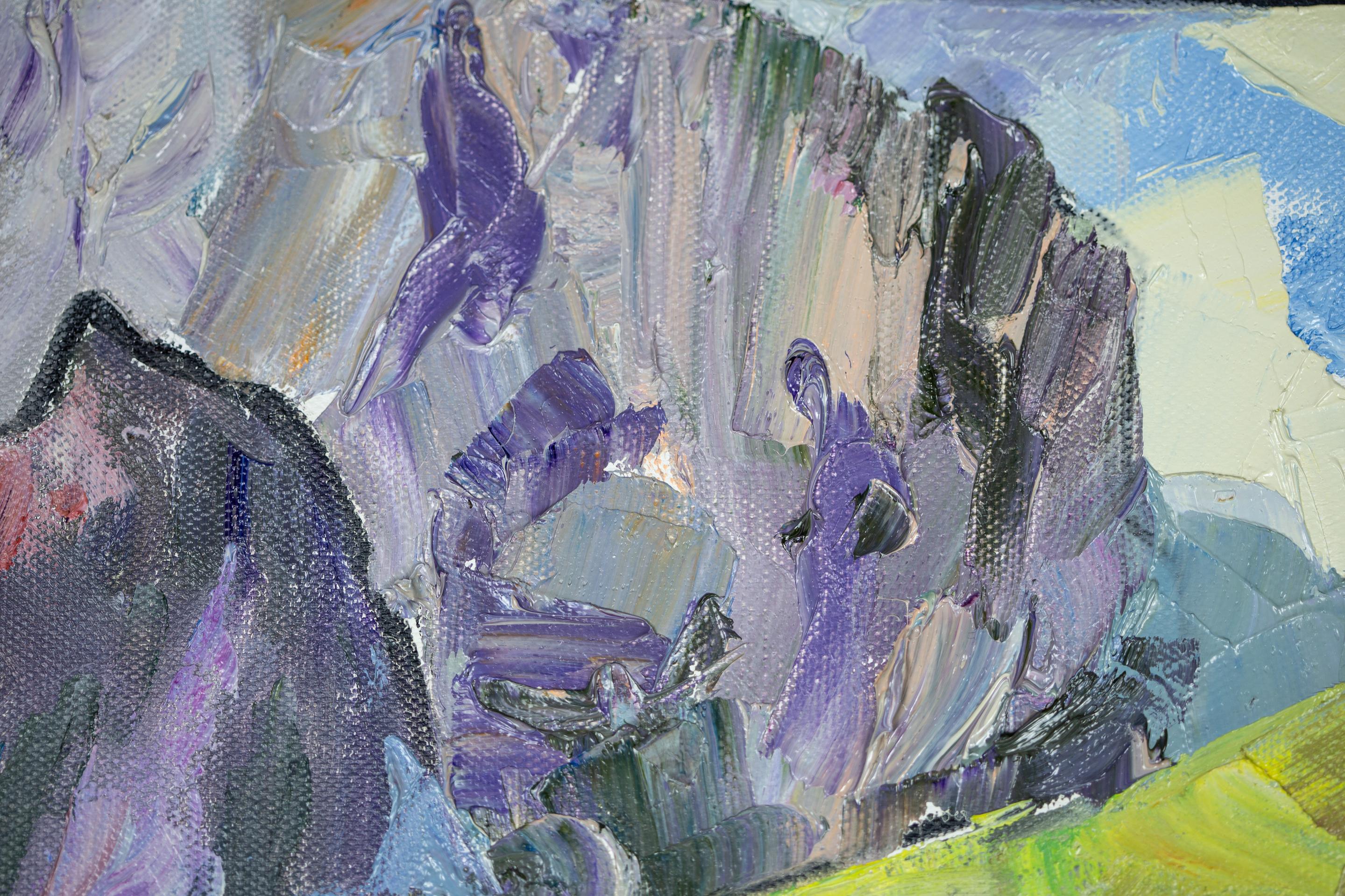 Village de montagne.  horizontal, impressionnisme, paysage, montagnes, village en vente 9
