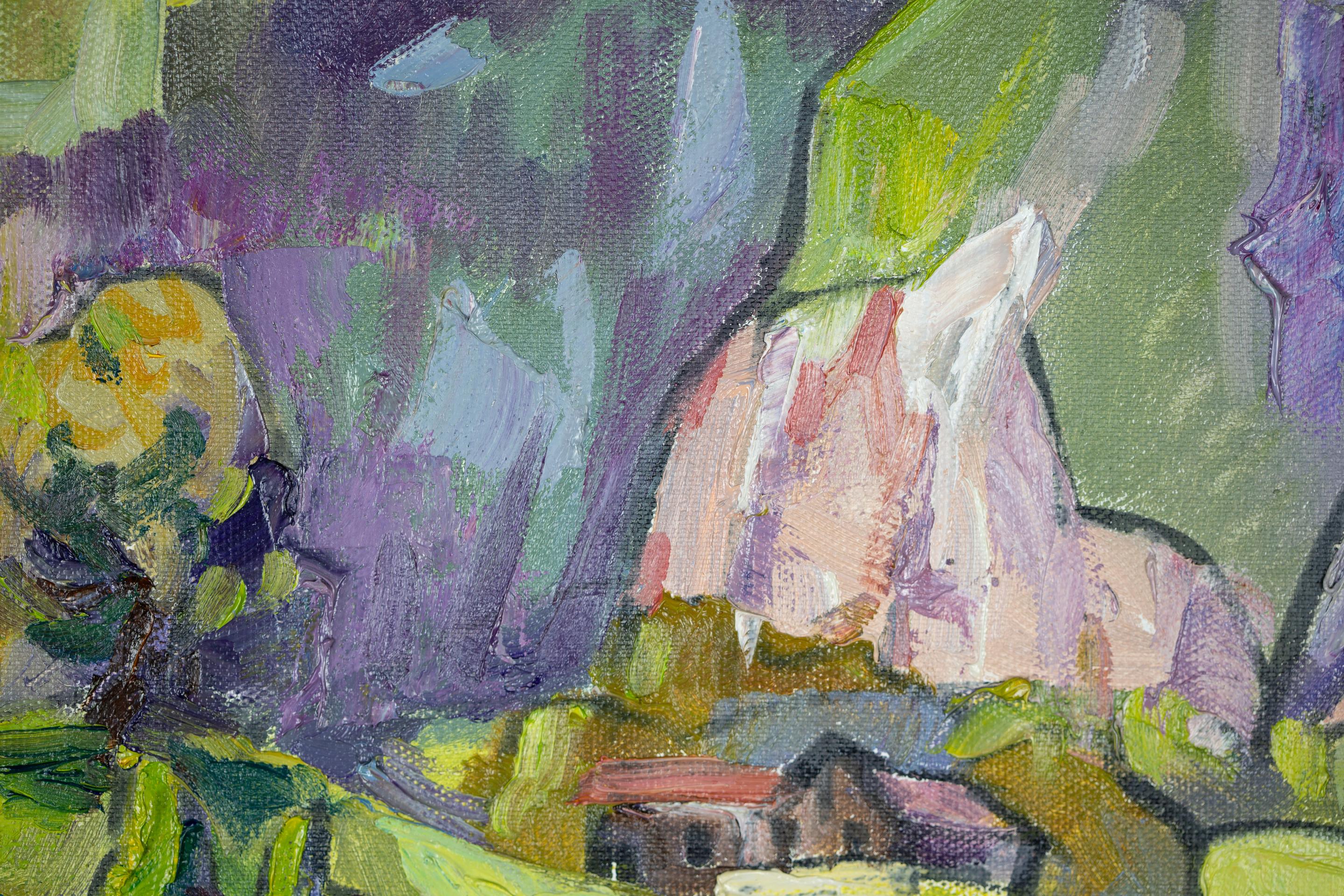 Village de montagne.  horizontal, impressionnisme, paysage, montagnes, village en vente 12