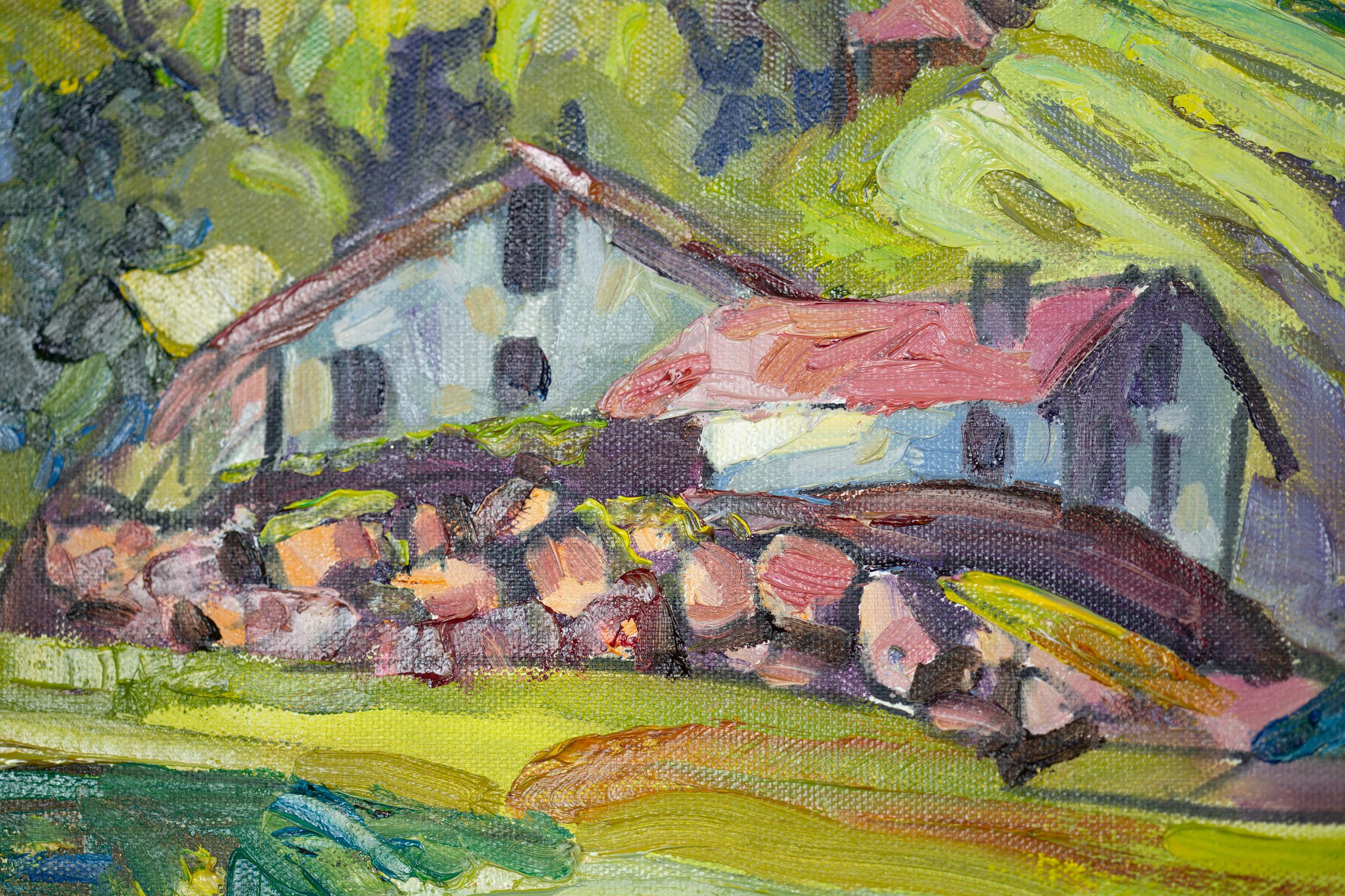 Village de montagne.  horizontal, impressionnisme, paysage, montagnes, village en vente 1