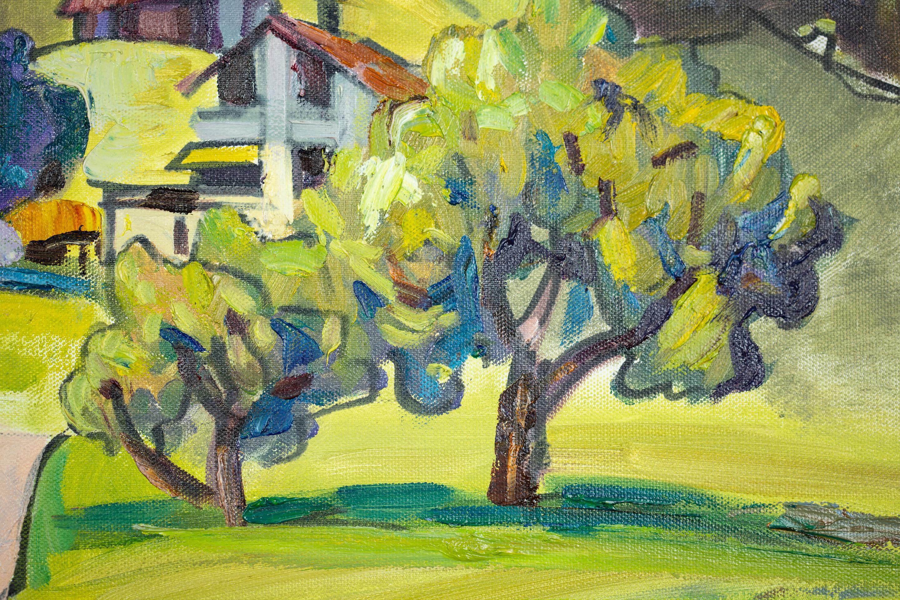 Village de montagne.  horizontal, impressionnisme, paysage, montagnes, village en vente 3