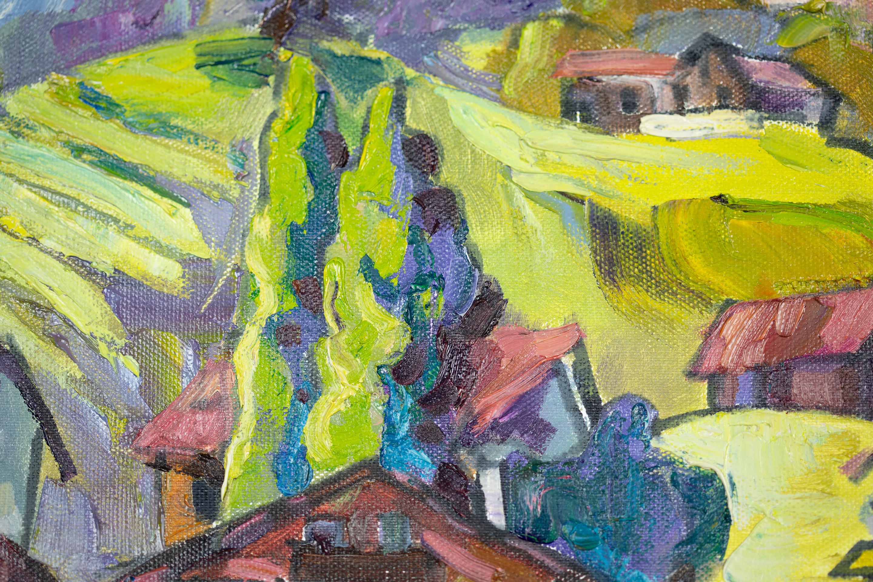 Village de montagne.  horizontal, impressionnisme, paysage, montagnes, village en vente 4