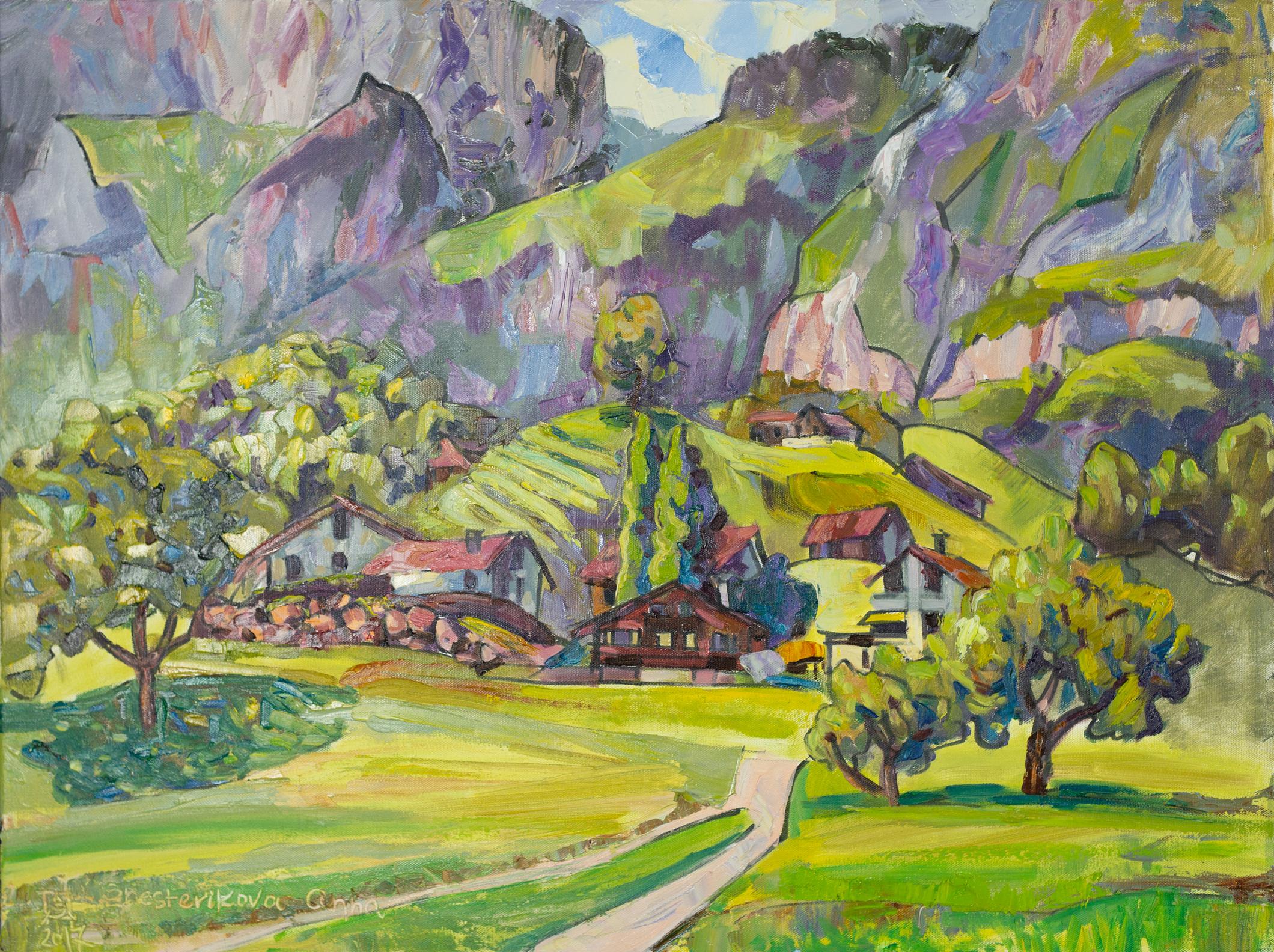 Landscape Painting Anna Shesterikova - Village de montagne.  horizontal, impressionnisme, paysage, montagnes, village