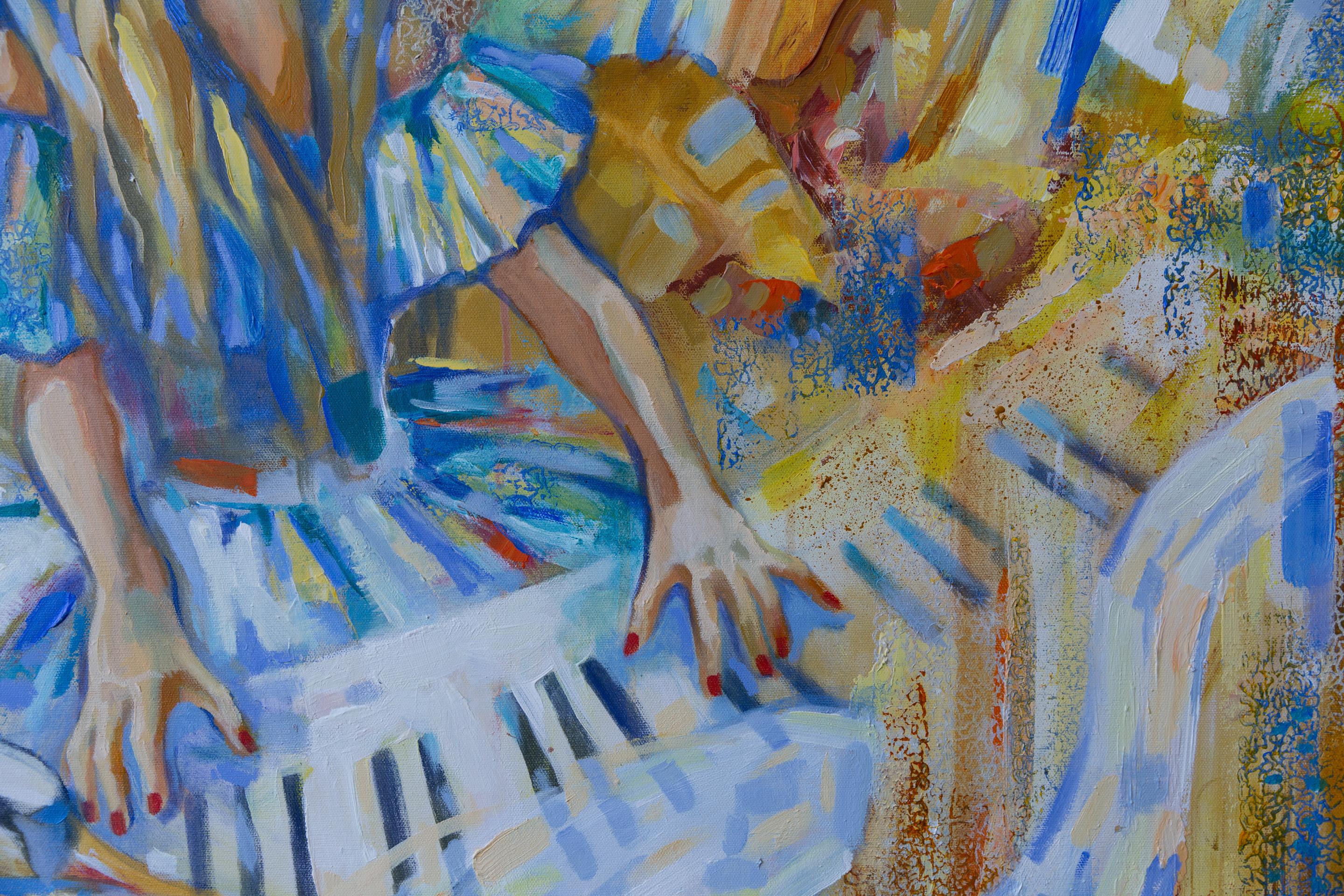 Musica d'amore. Pittura acrilica, grande formato, semi-astratta orizzontale, ragazza. in vendita 6