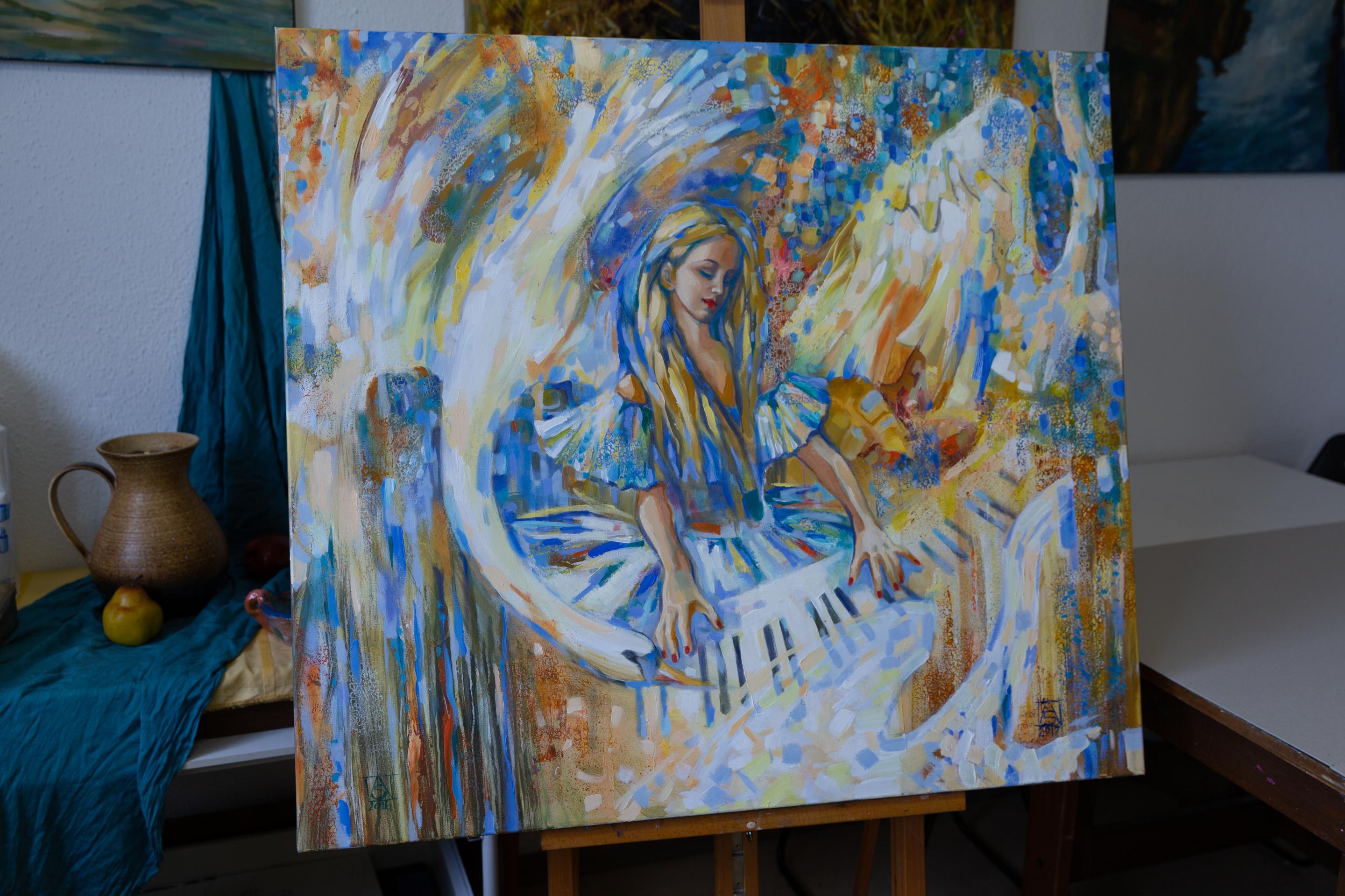 Musica d'amore. Pittura acrilica, grande formato, semi-astratta orizzontale, ragazza. - Painting Postimpressionismo di Anna Shesterikova