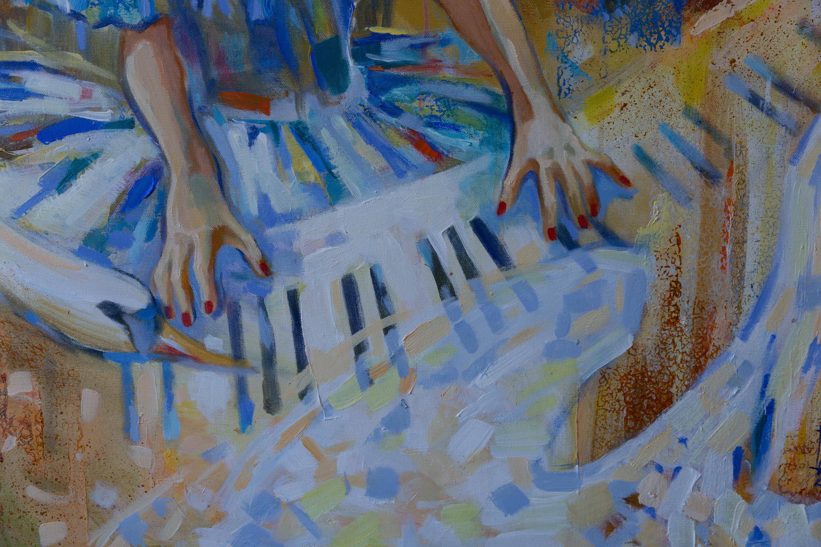 Musica d'amore. Pittura acrilica, grande formato, semi-astratta orizzontale, ragazza. in vendita 1