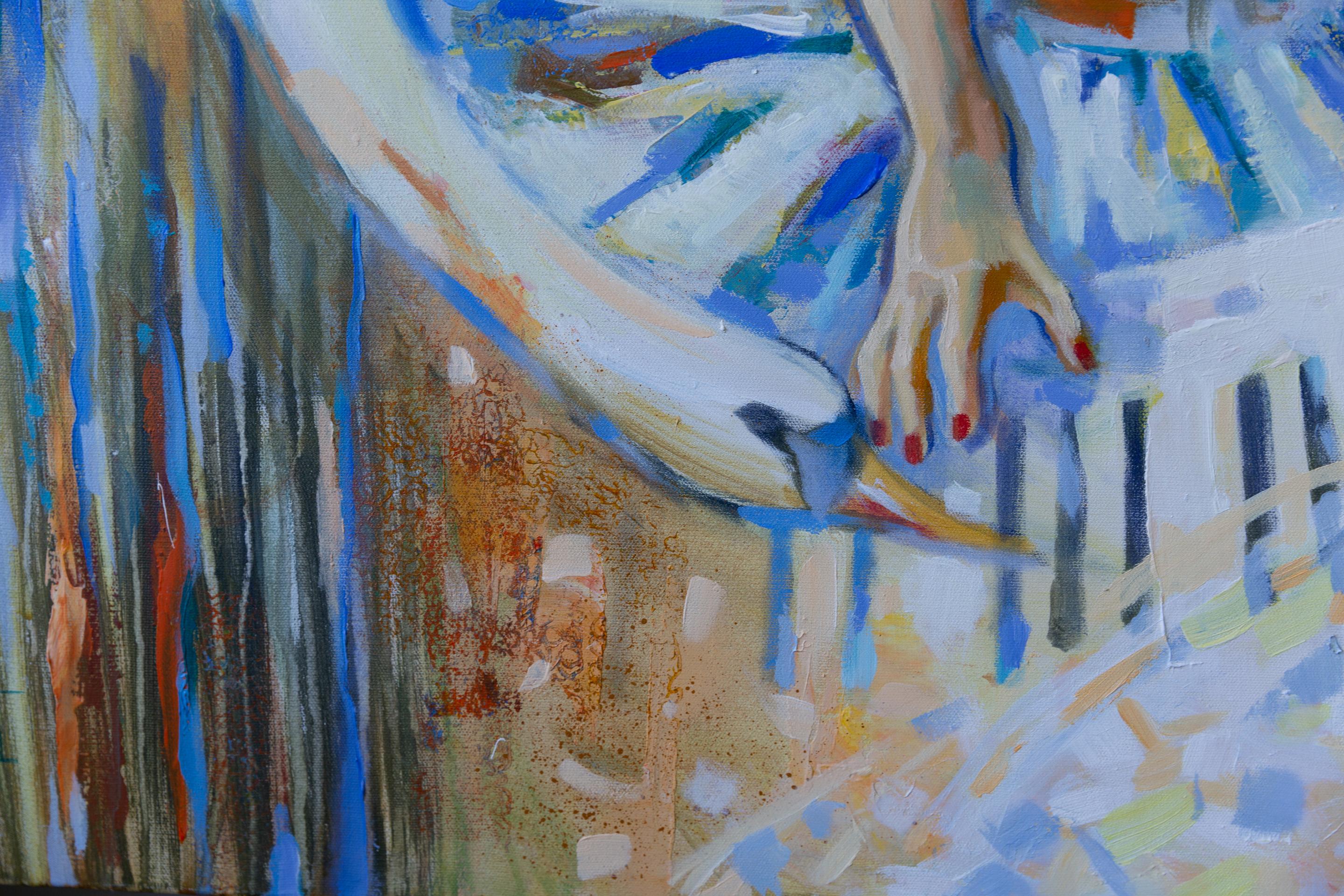Musica d'amore. Pittura acrilica, grande formato, semi-astratta orizzontale, ragazza. in vendita 2