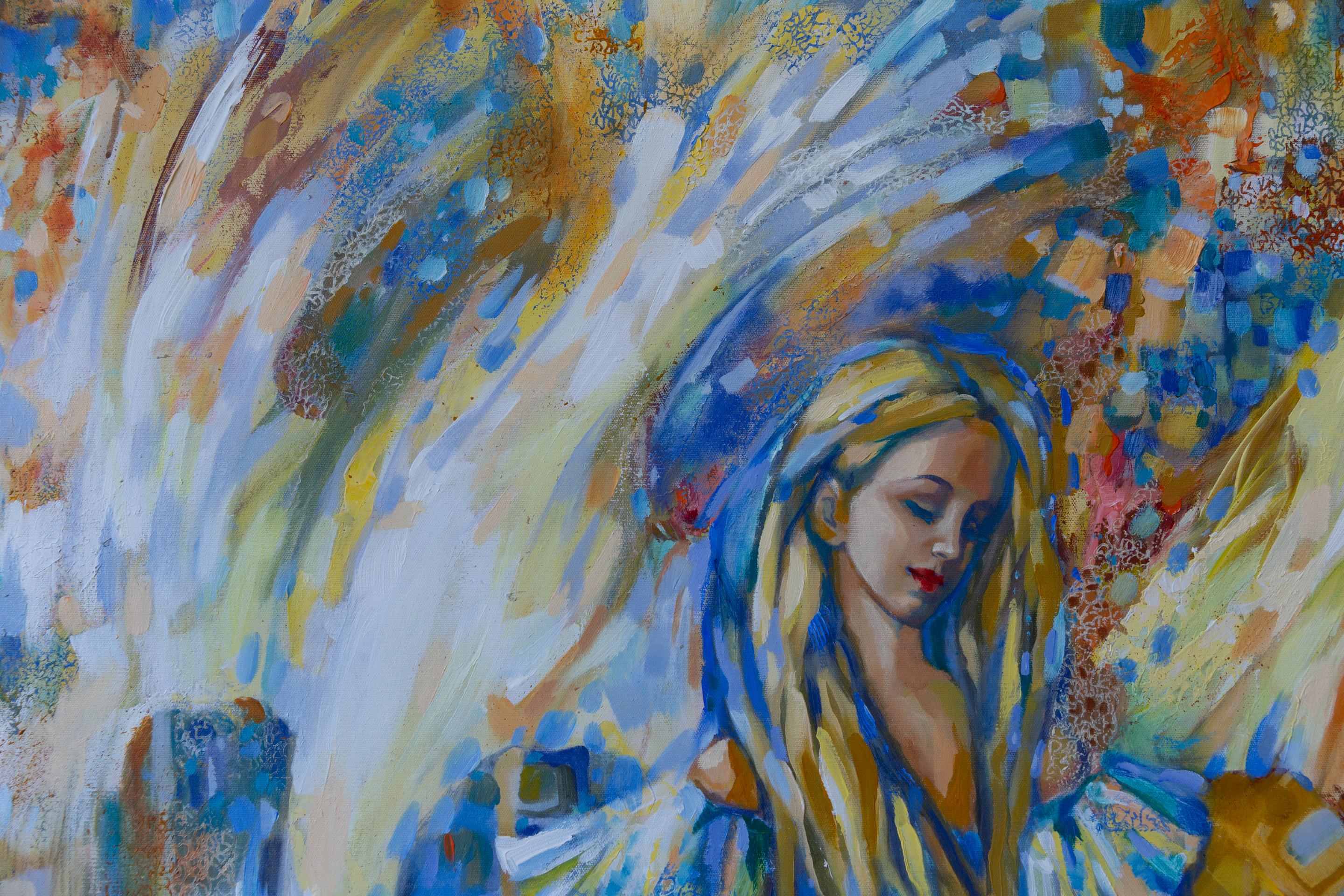 Musica d'amore. Pittura acrilica, grande formato, semi-astratta orizzontale, ragazza. in vendita 3