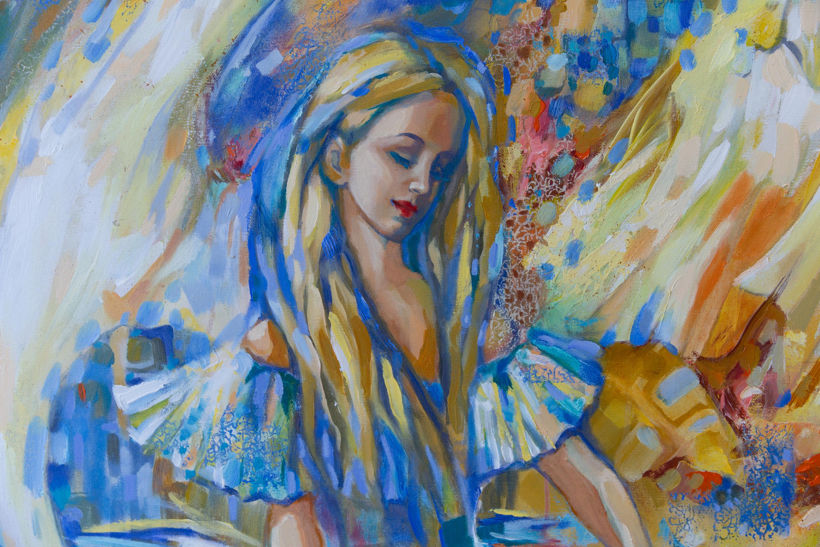 Musica d'amore. Pittura acrilica, grande formato, semi-astratta orizzontale, ragazza. in vendita 4