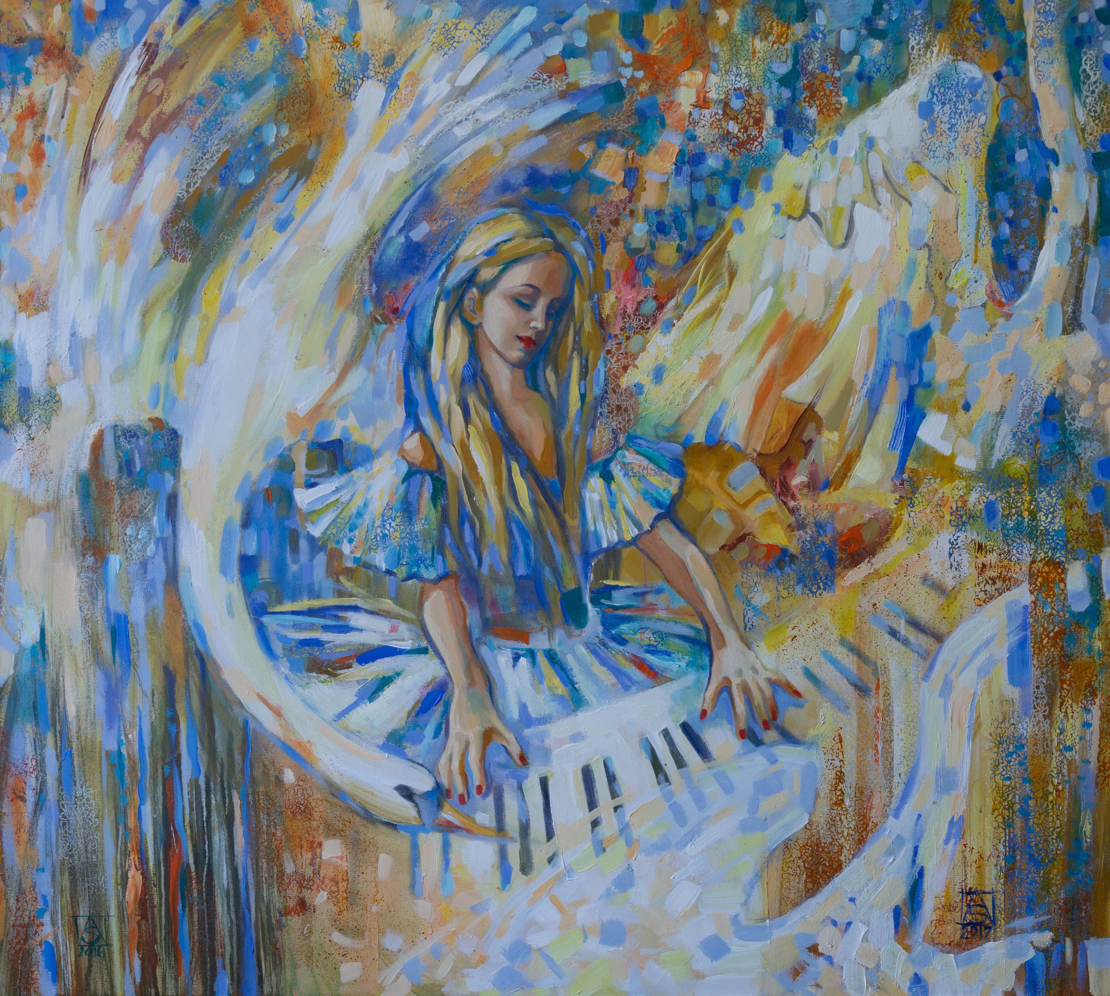 Figurative Painting di Anna Shesterikova - Musica d'amore. Pittura acrilica, grande formato, semi-astratta orizzontale, ragazza.