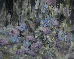 Music of the Night. Hydrangea, textured floral painting, blue, black