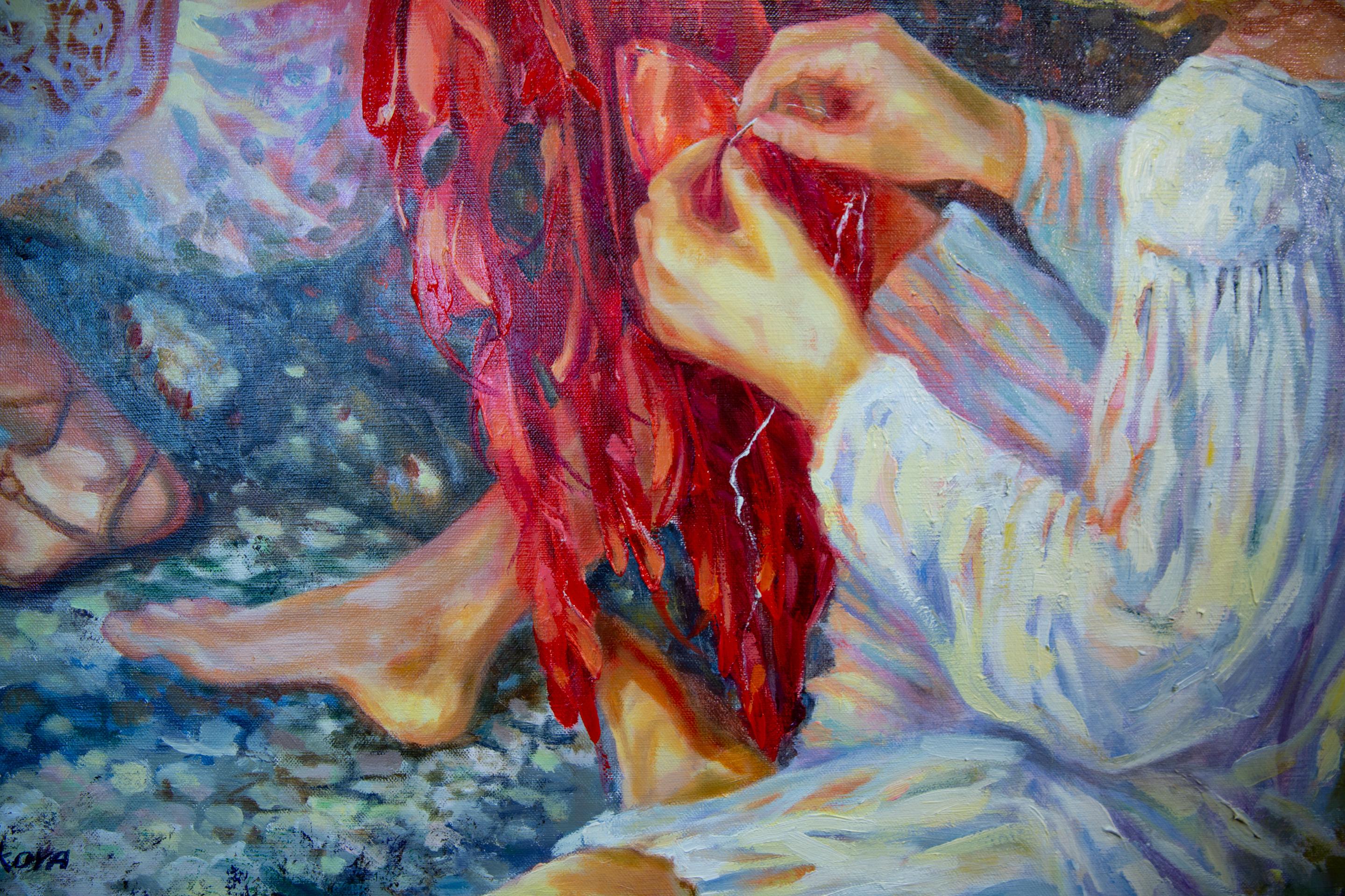 Devi tornare sulla Terra domani. Pittura ad olio, grande formato, figurativa, angeli in vendita 6