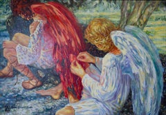 Devi tornare sulla Terra domani. Pittura ad olio, grande formato, figurativa, angeli