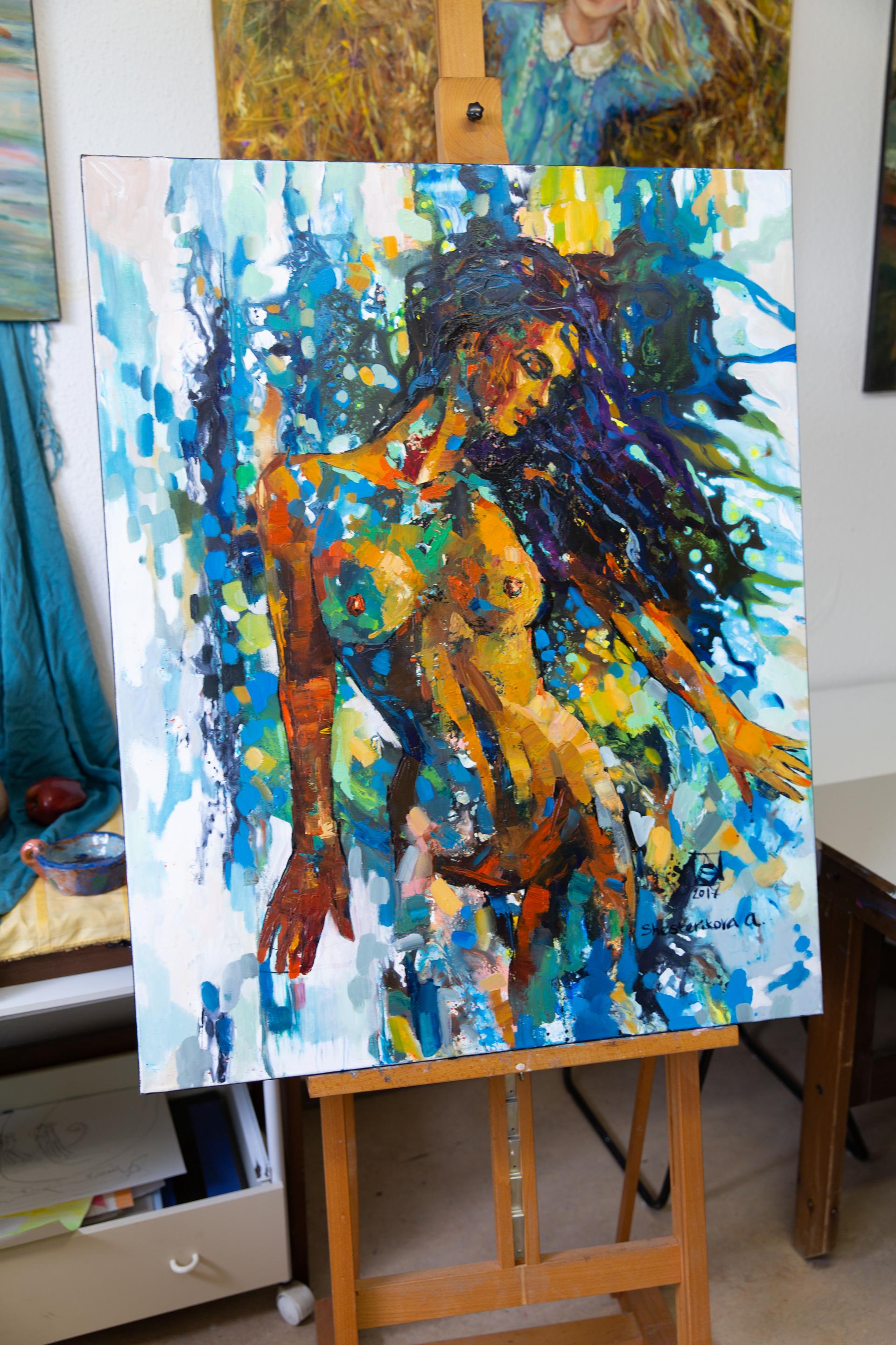 Nus. Vertical, figuratif, femme, semi-abstraite, vibrante - Expressionniste Painting par Anna Shesterikova