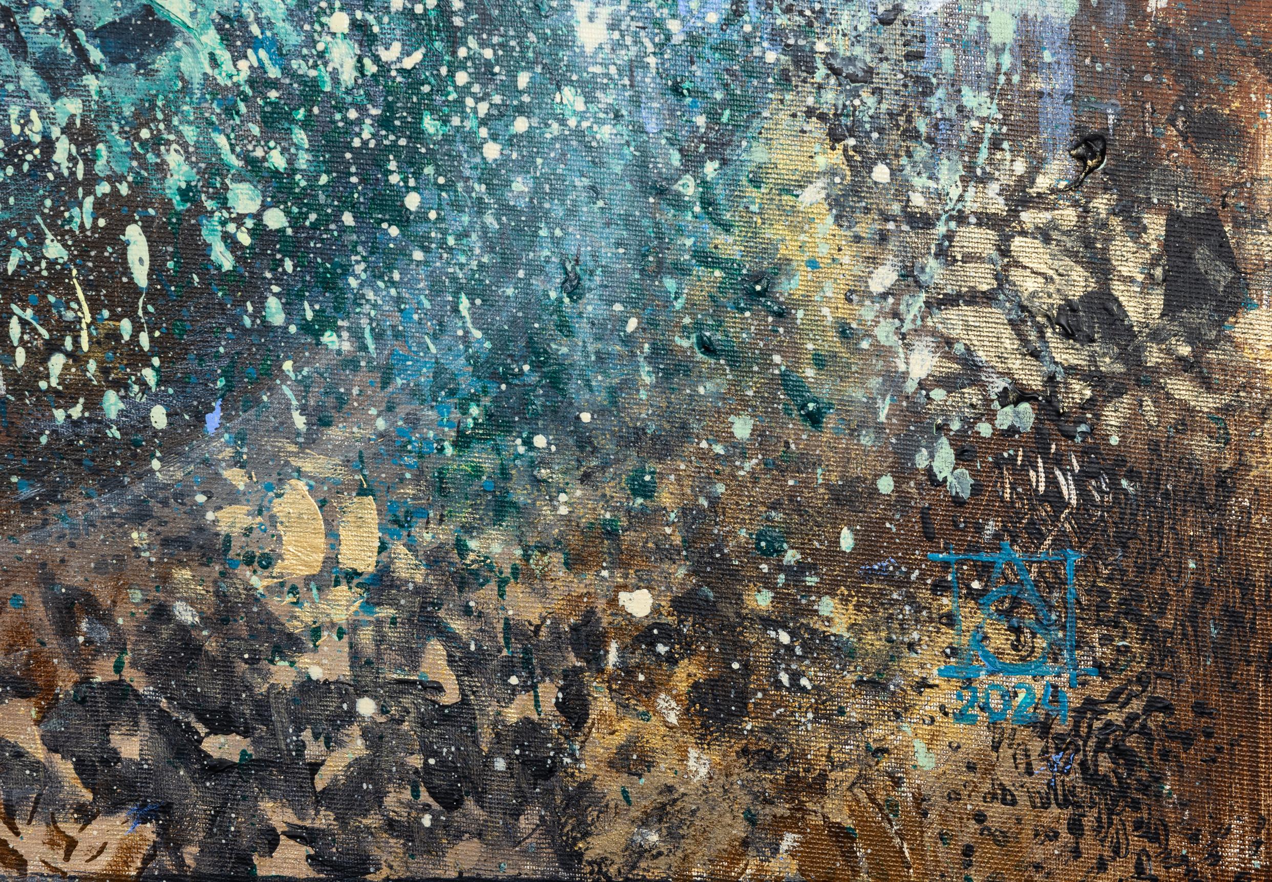 Osservare gli osservatori. Blu, quadrato, acrilico, grande, pittura d'interni. - Abstract Painting Grigio di Anna Shesterikova
